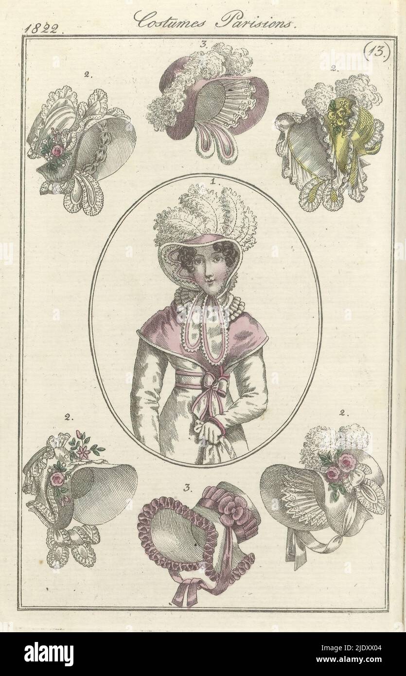 Journal des Dames et des Modes, Frankfurter Ausgabe 24 Mars 1822, Costumes Parisiens (13), Begleittext (S. 350) Zustände: Abb. 1: Hut aus Satin, garniert mit 'Blonde' (Klöppelspitze) und verziert mit Federn. Redingote von 'gros de Naples' mit einem Pelerine aus Satin. Weiße Handschuhe. Abb. 2: Mullhüte, verziert mit 'Blonde' (Klöppelspitze). Abb. 3: Hüte aus Krepp. Der Druck ist Teil des Modemagazins Journal des Dames et des Modes, das in Frankfurt als Kopie der französischen Ausgabe von Pierre de la Mésangère, Paris, 1797-1839, veröffentlicht wurde. (nein 12 fehlt)., Druckerei: Anonymous, J.P. Le Stockfoto