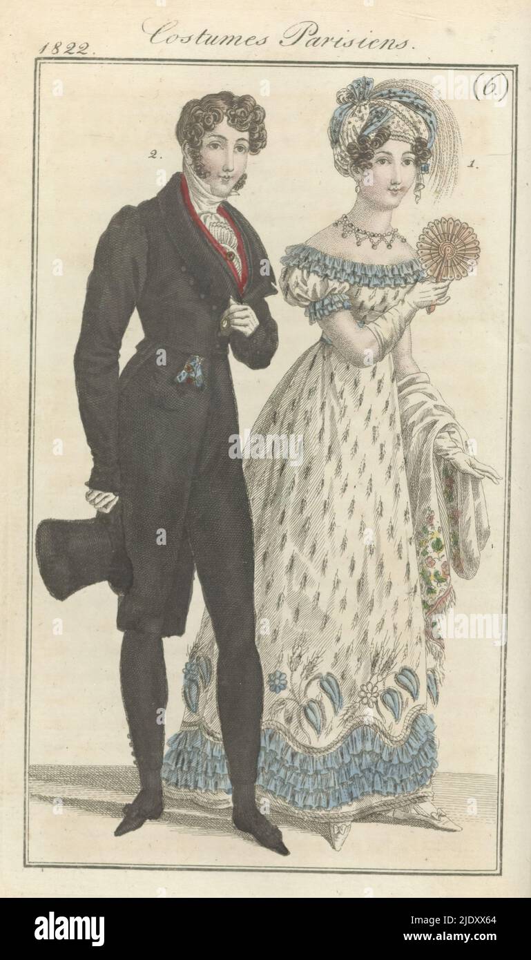 Journal des Dames et des Modes, Frankfurter Ausgabe 3 février 1822, Costumes Parisiens (6), der Begleittext (S. 160) heißt es in Abb. 1: Arabischer Turban der 'Gaze Lamée', verziert mit einem 'Esprit'. Kleid aus „Tüll Lamé“, garniert mit „Gaze Lamée“ und Satin. Weiße Handschuhe und Schuhe. Kleiner Stick Fan in Form einer Sonnenblume. Abb. 2: Hoher Hut mit schmal Krempe. Jacke aus Stoff. Samtweste; Unterbekleidung von 'Barèges'. Lange Hose von casimir. Durchbrochene Seidenstrümpfe. Der Print ist Teil des Modemagazins Journal des Dames et des Modes, das in Frankfurt als Kopie der französischen Ausgabe von Pie veröffentlicht wurde Stockfoto