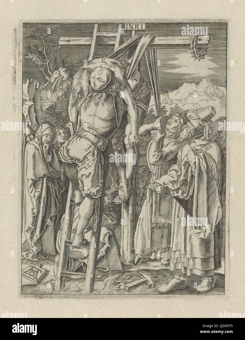 Abstieg vom Kreuz, die kleine Passion (Serientitel), Passio Christi ab Alberto Durer Nurenburgensi Effigiata (Serientitel), der Leib Christi wird vom Kreuz genommen. Der Druck ist Teil eines Albums., Druckerei: Anonym, nach Druck von: Albrecht Dürer, (auf Objekt erwähnt), Verlag: Broer Jansz. (Den Haag), Den Haag, 1610 - 1620, Papier, Gravur, Höhe 132 mm × Breite 100 mm Stockfoto