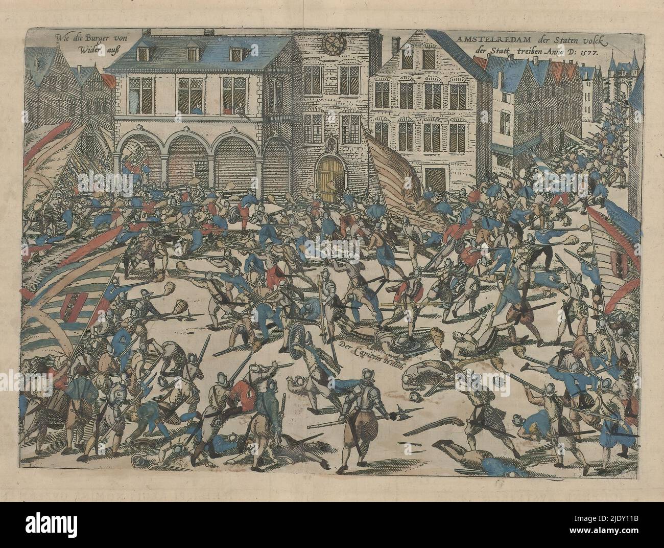 Staatse troep verslagen op de Dam, 1577, Serie 8: Dutch Events, 1577-1583 (Serientitel), die Staatstruppe unter dem Kommando von Helling und Ruychaver wird von den Amsterdammern in heftigen Kämpfen auf dem Dam besiegt. Helling selbst wird getötet, 23. November 1577. Gedruckt mit einem Cache über der Bildunterschrift., Druckerei: Frans Hogenberg, Köln, 1588, Papier, Radierung, Höhe 266 mm × Breite 364 mm Stockfoto