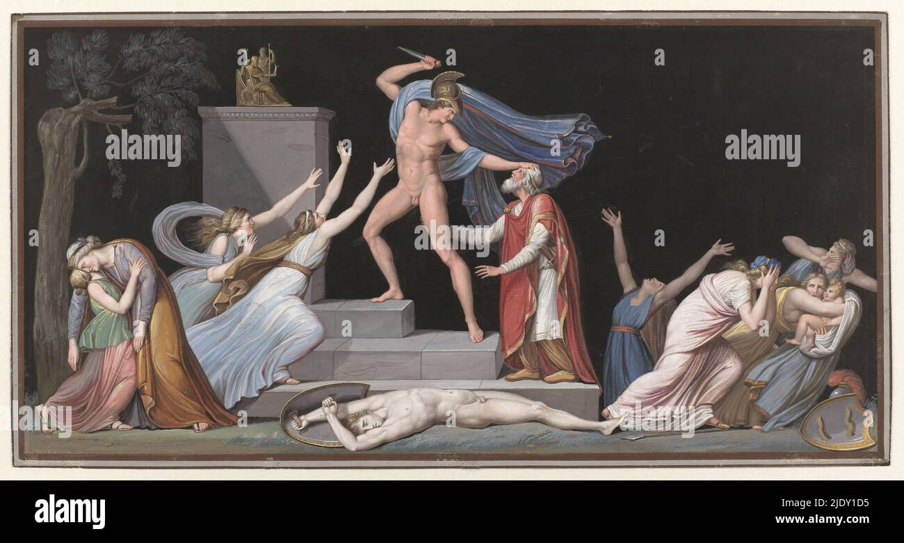 Tod von Priam, Tod von Priam, in der Nähe des Jupiteraltars und Dardanus steht Neoptolemus, der im Begriff ist, den alten Priam zu töten. Zu seinen Füßen liegt der Leichnam seines Sohnes Polites, der gerade von Neoptolemus getötet wurde. Mehrere Frauen blicken entsetzt an. Links verstummt Hekabe., Druckerei: Tommaso Piroli, (auf Objekt erwähnt), nach Zeichnung von: Vincenzo Camuccini, (auf Objekt erwähnt), nach Skulptur von: Antonio Canova, (auf Objekt erwähnt), Italien, 1794 - 1795, geheel, :, Ätzen, Höhe 240 mm × Breite 464 mm Stockfoto