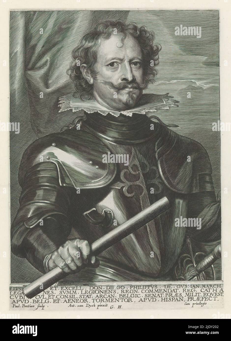 Porträt von Diego Felipez de Guzmán, Marquis of Leganés, Icones Principum Vivorum Doctorum Pictorum Chalkographorum Statuariorum nec non Amatorum Pictoriae Artis Numero Centum ab Antonio van Dyck Pictore ad Vivum Expressae Eiusq: Sumptibus aeri incisae (Serientitel), Iconographie (Serientitel), dieser Druck ist Teil eines Albums. Paulus Pontius, (auf Objekt erwähnt), nach Malerei von: Anthony van Dyck, (auf Objekt erwähnt), Verlag: Gilles Hendricx, (auf Objekt erwähnt), Antwerpen, 1630 - 1641 und/oder 1645 - 1646, Papier, Gravur, Höhe 243 mm × Breite 172 mm Stockfoto