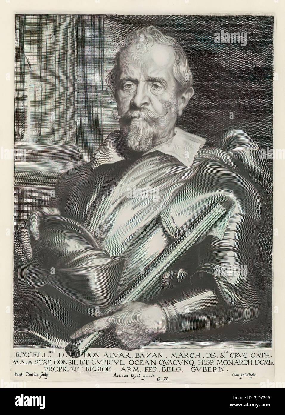 Portrait of Commander Don Álvaro de Bazán, Icones Principum Vivorum Doctorum Pictorum Chalkographorum Statuariorum nec non Amatorum Pictoriae Artis Numero Centum ab Antonio van Dyck Pictore ad Vivum Expressae Eiusq: Sumptibus aeri incisae (Serientitel), Iconographie (Serientitel), dieser Druck ist Teil eines Albums., Druckerei: Paulus Pontius, (auf Objekt erwähnt), nach Malerei von: Anthony van Dyck, (auf Objekt erwähnt), Verlag: Gilles Hendricx, (auf Objekt erwähnt), Antwerpen, 1630 - 1641 und/oder 1645 - 1646, Papier, Gravur, Höhe 238 mm × Breite 168 mm Stockfoto