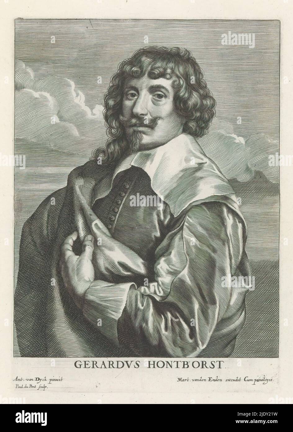 Porträt des Malers Gerard van Honthorst, Icones Principum Vivorum Doctorum Pictorum Chalkographorum Statuariorum nec non Amatorum Pictoriae Artis Numero Centum ab Antonio van Dyck Pictore ad Vivum Expressae Eiusq: Sumptibus aeri incisae (Serientitel), Iconographie (Serientitel), dieser Druck ist Teil eines Albums., Druckerei: Paulus Pontius, (auf Objekt erwähnt), nach Malerei von: Anthony van Dyck, (auf Objekt erwähnt), Verlag: Gilles Hendricx, Antwerpen, 1630 - 1641 und/oder 1645 - 1646, Papier, Gravur, Höhe 238 mm × Breite 170 mm Stockfoto