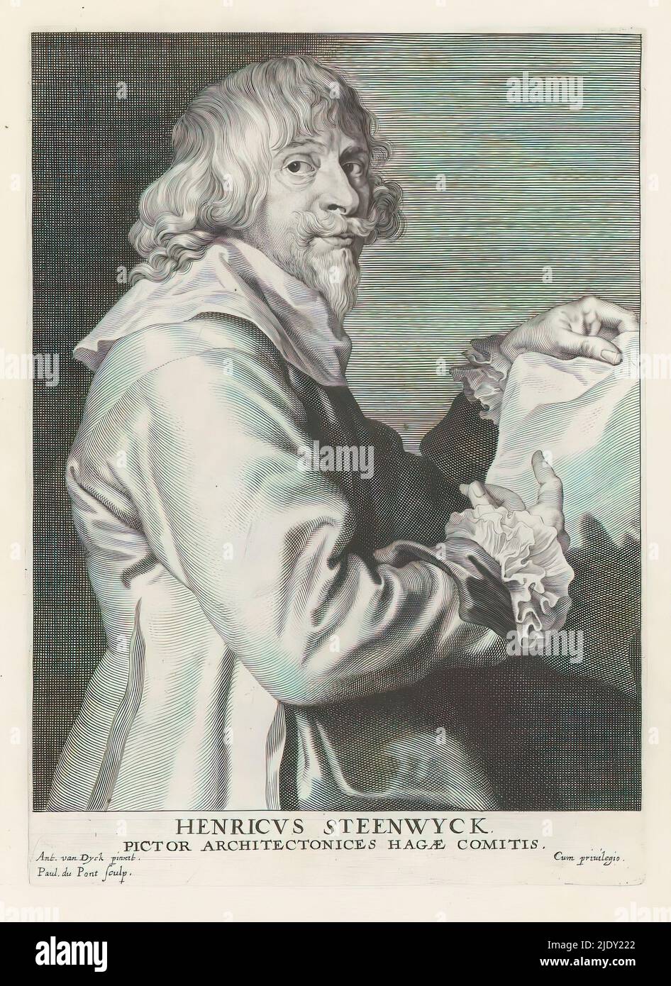 Porträt des Malers Hendrik van Steenwijck, Icones Principum Vivorum Doctorum Pictorum Chalcographicorum Statuariorum nec non Amatorum Pictoriae Artis Numero Centum ab Antonio van Dyck Pictore ad Vivum Expressae Eiusq: Sumptibus aeri incisae (Serientitel), Iconographie (Serientitel), dieser Druck ist Teil eines Albums. Paulus Pontius, (auf Objekt erwähnt), nach Malerei von: Anthony van Dyck, (auf Objekt erwähnt), Verlag: Gilles Hendricx, Antwerpen, 1630 - 1641 und/oder 1645 - 1646, Papier, Gravur, Höhe 250 mm × Breite 180 mm Stockfoto