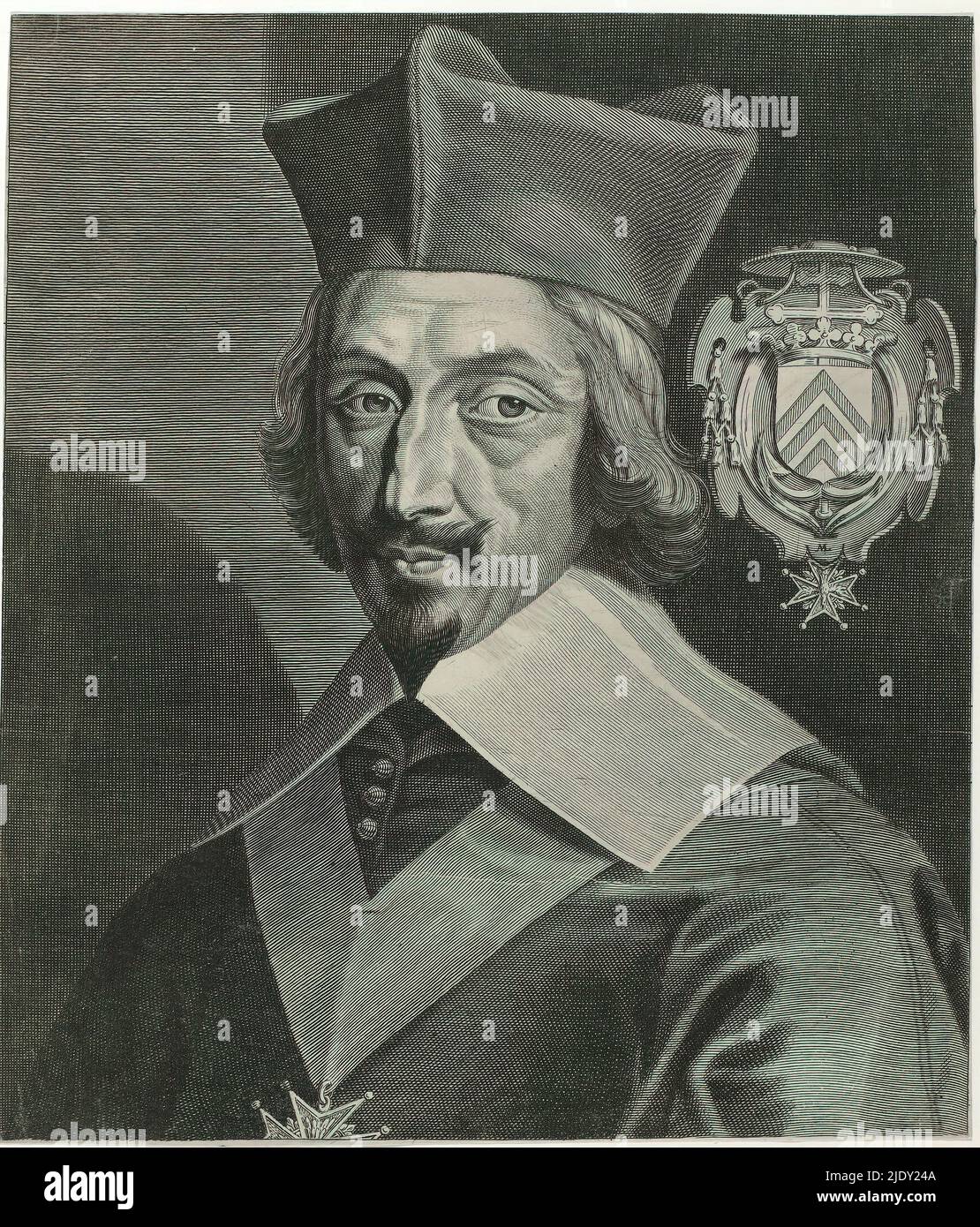 Porträt von Armand-Jean du Plessis Herzog von Richelieu, Druckerei: Michel Lasne, (auf Objekt erwähnt), 1600 - 1667, Papier, Gravur, Höhe 297 mm × Breite 255 mm Stockfoto