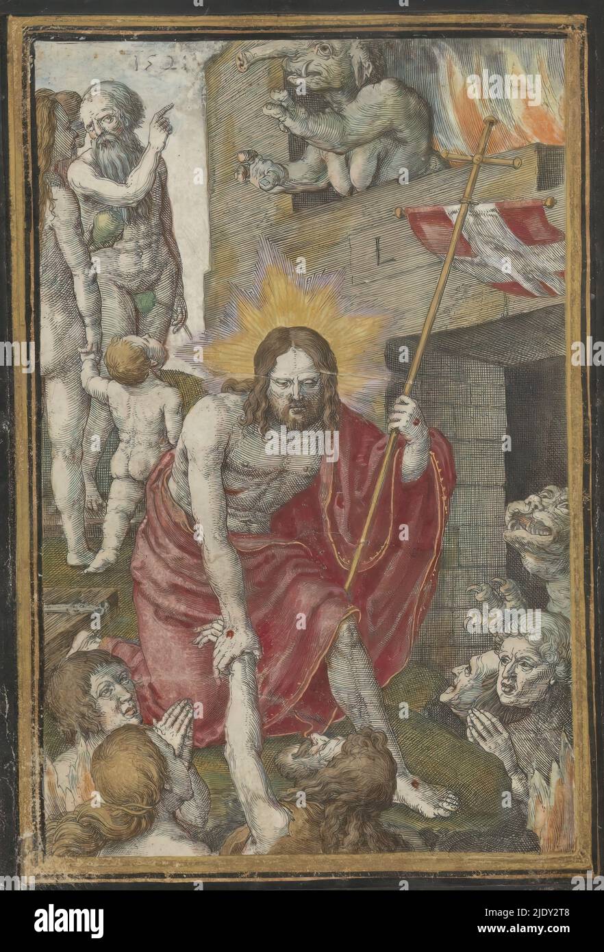 Abstieg in den Limbo, Passion of Christ (Serientitel), Christus steigt in den Limbo mit Kreuz in der Hand und rettet Seelen. Hinter ihm sind Adam und Eva. In der oberen rechten Ecke ein Dämon. Dieser Druck ist Teil eines handschriftlichen Gebetsbuches., Druckerei: Lucas van Leyden, (auf Objekt erwähnt), nach eigenem Entwurf von: Lucas van Leyden, Leiden, 1521, Papier, Gravur, Höhe 149 mm × Breite 105 mm Stockfoto