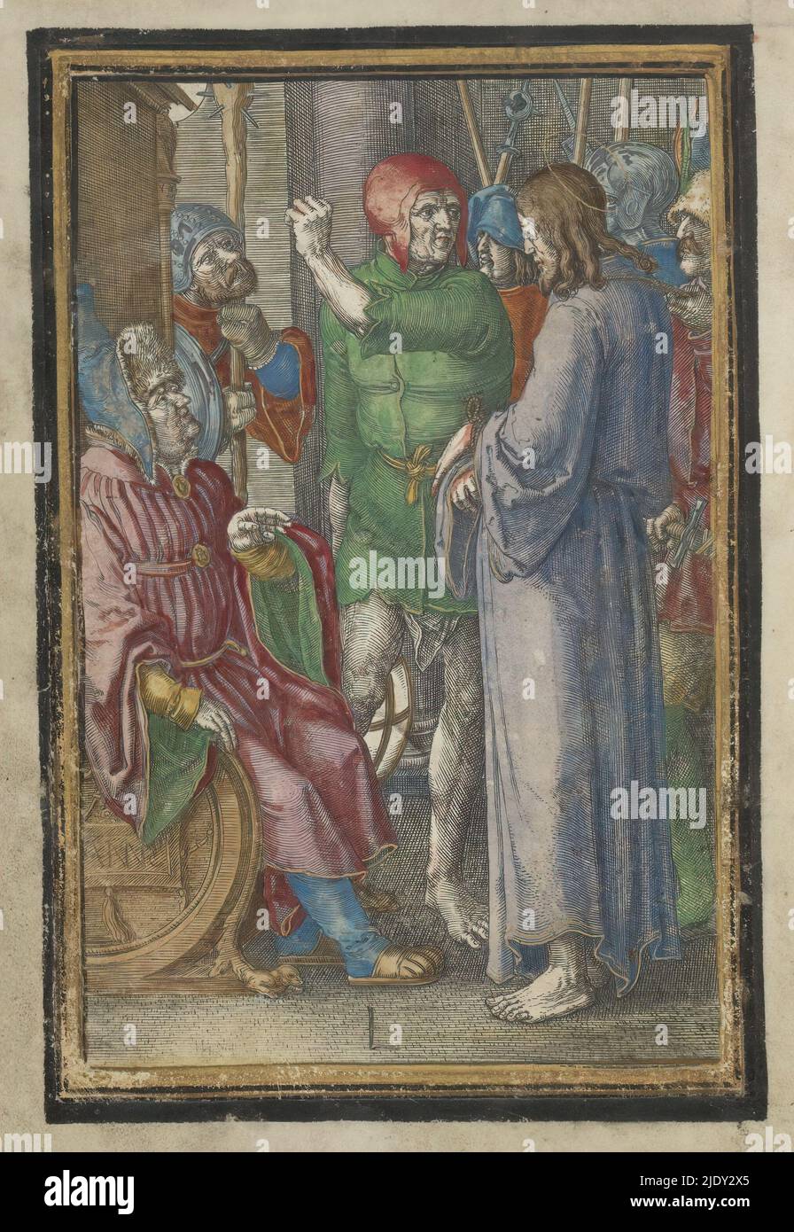 Christus vor Annas, Passion of Christ (Serientitel), Christus wird mit gebundenen Händen vor Annas gebracht. Annas sitzt auf einem Thron und schaut nach oben. Soldaten im Hintergrund. Dieser Druck ist Teil eines handschriftlichen Gebetsbuches., Druckerei: Lucas van Leyden, (auf Objekt erwähnt), nach eigenem Entwurf von: Lucas van Leyden, Leiden, 1521, Papier, Gravur, Höhe 149 mm × Breite 103 mm Stockfoto