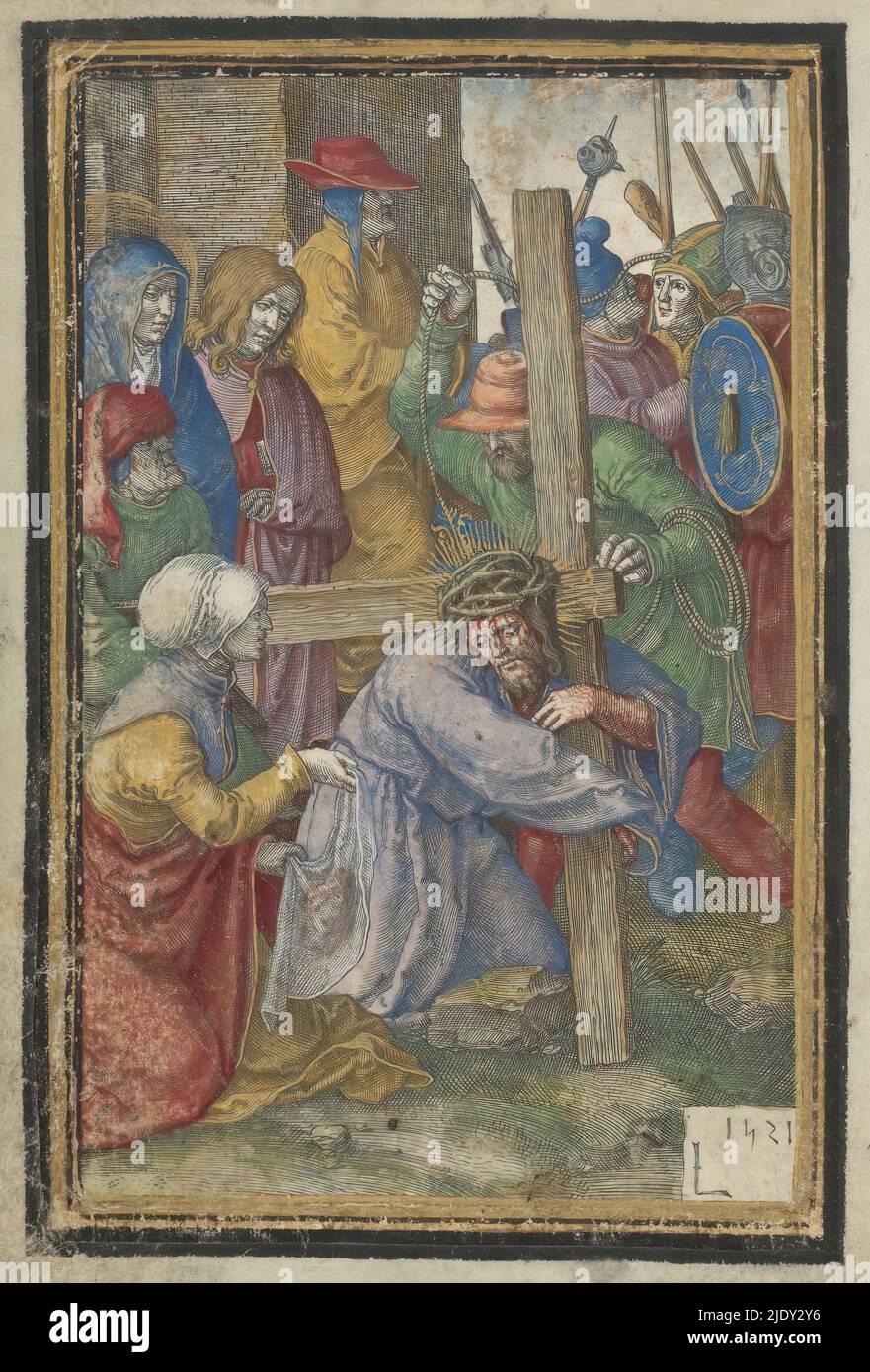 Das Kreuz tragen, Passion Christi (Serientitel), Christus trägt das Kreuz und neben ihm kniet Veronica mit ihrem Tuch. Zwischen den Soldaten und Henkern stehen Maria und Johannes. Dieser Druck ist Teil eines handschriftlichen Gebetsbuches., Druckerei: Lucas van Leyden, (auf Objekt erwähnt), nach eigenem Entwurf von: Lucas van Leyden, Leiden, 1521, Papier, Gravur, Höhe 149 mm × Breite 105 mm Stockfoto