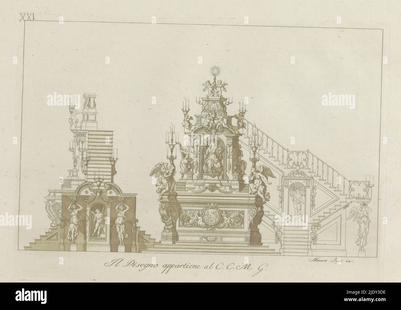 Verschiedene Ansichten eines Altars, Raccolta di dissegni originali di Mauro Tesi (Serientitel), Print ist Teil eines Albums., Druckerei: Anonym, nach Zeichnung von: Mauro Antonio Tesi, (Objektbezeichnung), Verleger: Lodovico Inig, Bologna, 1787, Papier, Radierung, Höhe 365 mm × Breite 205 mm, Höhe 414 mm × Breite 289 mm Stockfoto