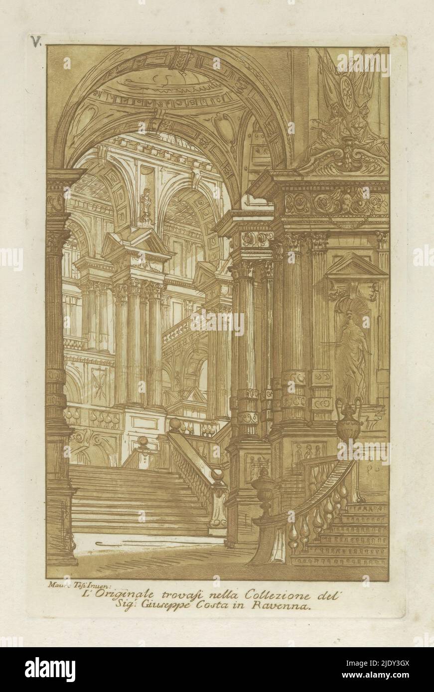 Kircheninterieur mit Stufen und Skulpturen, Raccolta di dissegni originali di Mauro Tesi (Serientitel), Print ist Teil eines Albums., Druckerei: Anonym, nach Zeichnung von: Mauro Antonio Tesi, (Objektbezeichnung), Verleger: Lodovico Inig, Bologna, 1787, Papier, Radierung, Höhe 235 mm × Breite 154 mm, Höhe 414 mm × Breite 289 mm Stockfoto