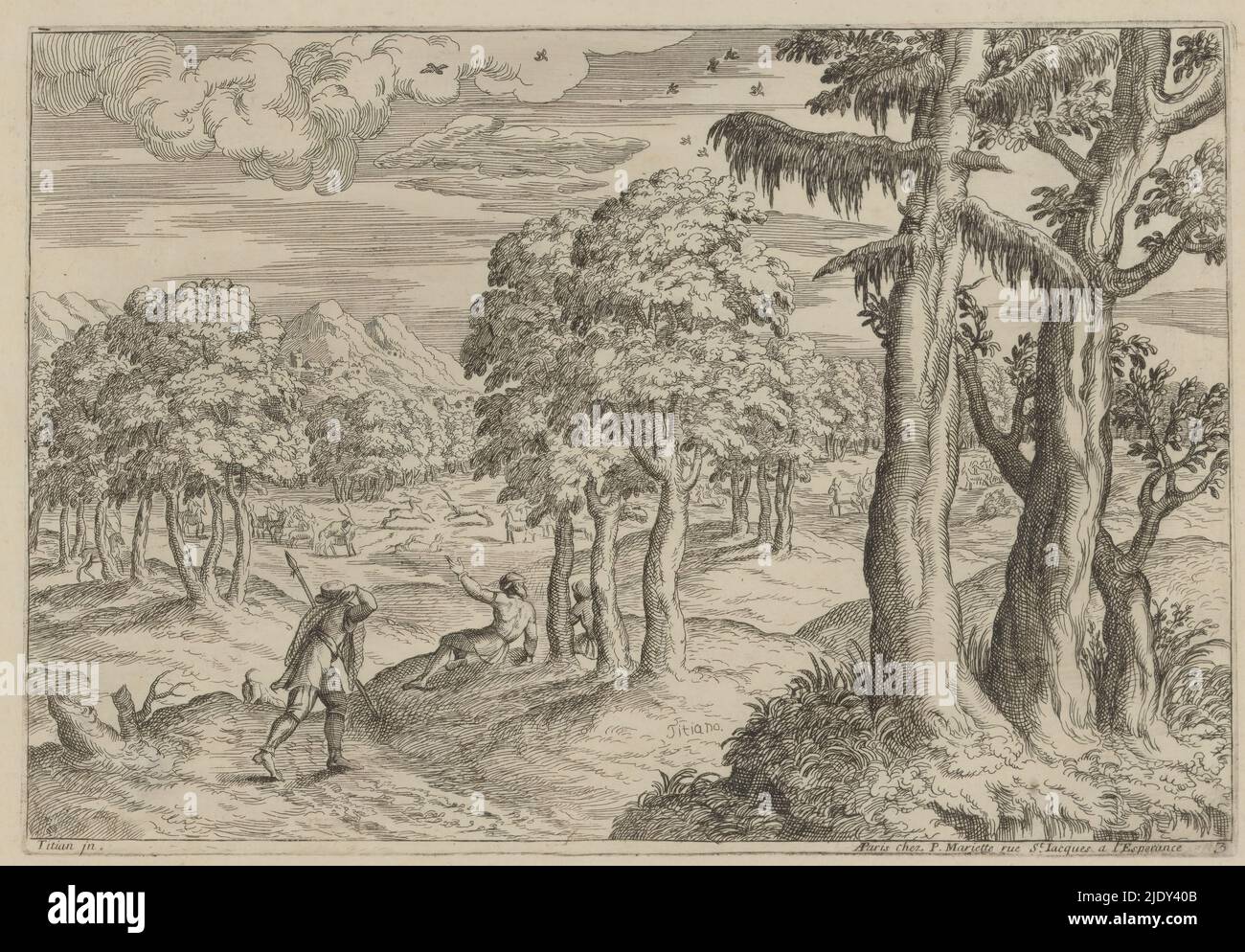 Landschaft mit Jägern in der Nähe einer Hirschherde, Landschaften nach Titian (Serientitel), nummeriert unten rechts: 3., Druckerei: Moise Jean Baptiste Fouard, nach Entwurf von: Titiaan, (auf Objekt erwähnt), Verlag: Pierre Mariette (II), (auf Objekt erwähnt), Paris, c. 1663 - 1726, Papier, Radierung, Höhe 193 mm × Breite 282 mm Stockfoto