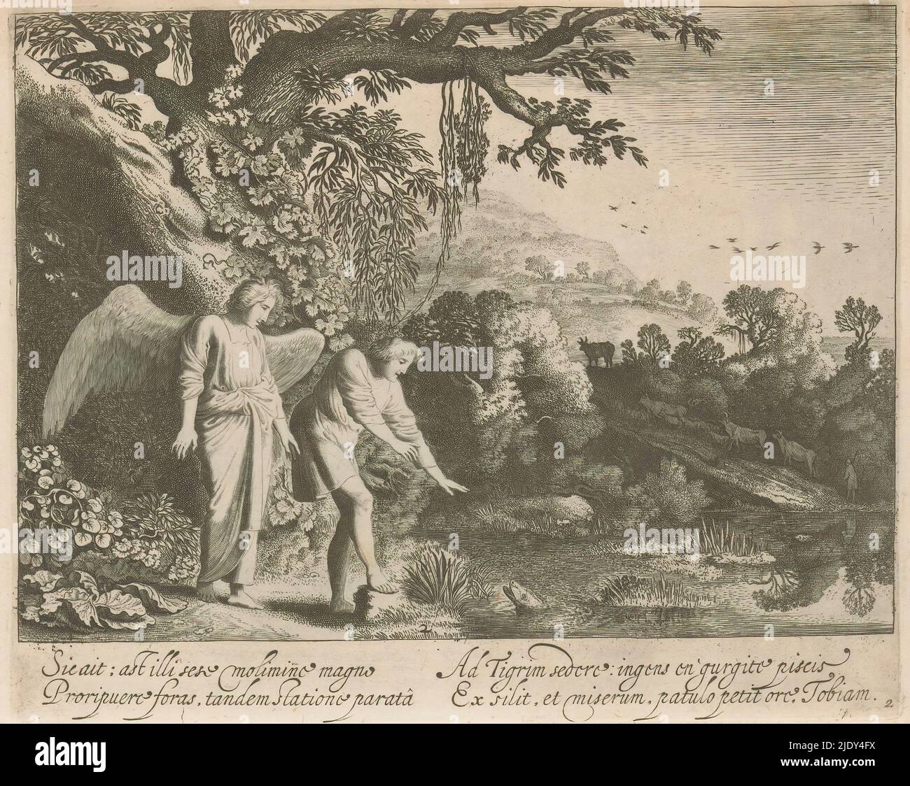 Tobias von The Fish in the River Tigris, Story of Tobias (Serientitel), Tobias will sich im Fluss Tigris die Füße waschen, auf dem der Engel Raphael ihn anweist, den erscheinenden Fisch zu fangen. Zweiter Druck in einer Serie von vier über die biblische Geschichte von Tobias. Rechts und unten mittig nummeriert: 2. Am unteren Rand eine vierzeilige lateinische Beschriftung. Teil eines Albums mit hauptsächlich christlichen Szenen., Druckerei: Jan van de Velde (II), nach Gestaltung von: Moyses van Wtenbrouck, Verlag: Claes Jansz. Visscher (II), Druckerei: Nord-Niederlande, nach Gestaltung von: Antwerpen, Verlag: Amsterda Stockfoto