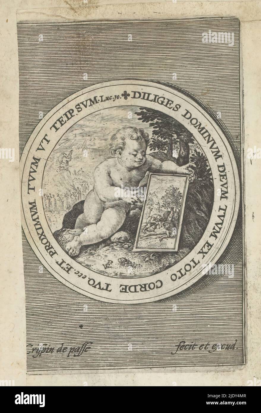 Putto mit Tablette, Putti mit Darstellung des Wortes Gottes (Serientitel), Verbum Dei (Serientitel), Medaillon mit einem Putto mit einer Tablette, die den barmherzigen Samariter zeigt. Im Hintergrund empfing Moses von Gott die Tafeln des Gesetzes. Mit einer Umrandung in lateinischer Sprache. Der Druck ist Teil eines Albums., Druckerei: Crispijn van de Passe (I), (erwähnt auf Objekt), Verlag: Crispijn van de Passe (I), (erwähnt auf Objekt), Köln, 1594, Papier, Gravur, Höhe 128 mm × Breite 80 mm Stockfoto