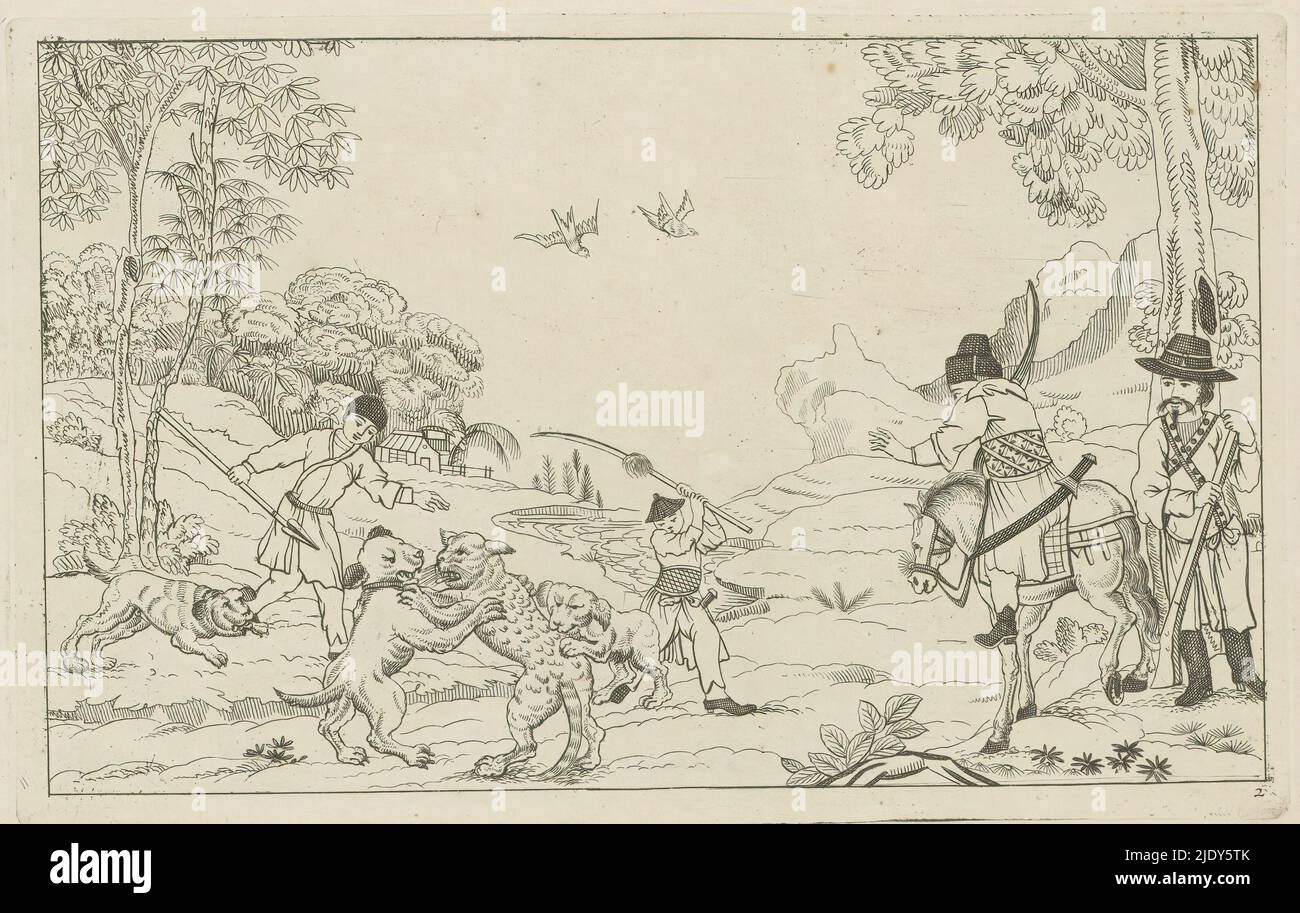 Landschaft mit Hunden, die ein wildes Tier jagen, chinesische Jagdszenen (Serientitel), Nieuwe gevineerde Sineesen, met groote moeyte geteekent en in 't Ligt gegeven, Tür P: Schenk Jun (...), derde deel (Serientitel), Ein wildes Tier wird von Jagdhunden angegriffen. Daneben ist ein Mann mit einem Speer. Rechts ein Reiter und ein Mann, der mit einem Gewehr steht. Druck ist Teil eines Albums., Druckerei: Pieter Schenk (II), nach Gestaltung von: Pieter Schenk (II), Verlag: Pieter Schenk (II), Amsterdam, 1727 - 1775, Papier, Radierung, Höhe 162 mm × Breite 254 mm Stockfoto