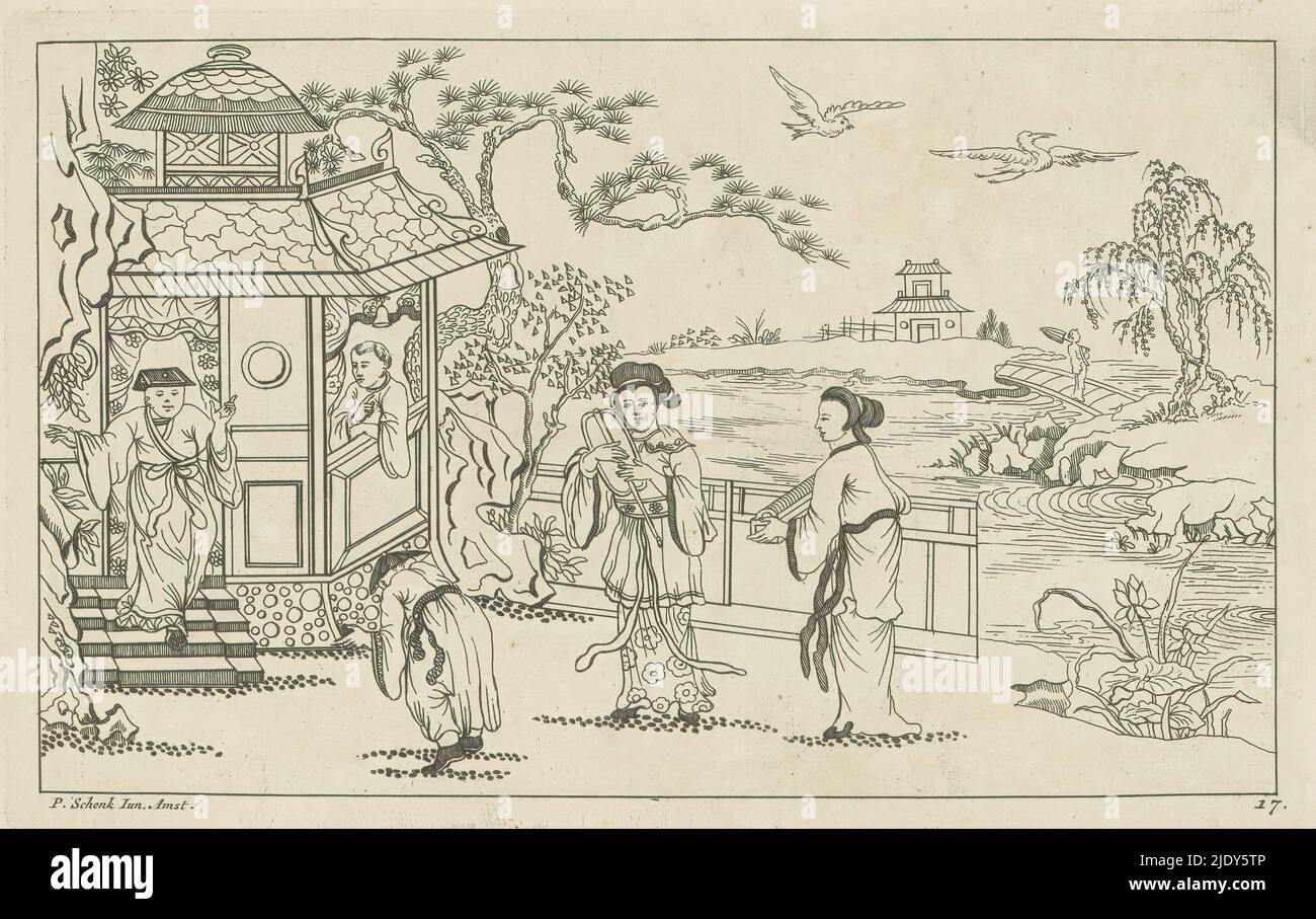 Chinesische Landschaft mit Figuren und Pavillon, Landschaft mit einem Gebäude auf der linken Seite, Nieuwe geeinventeerde Sineesen met groote moeyte geteekent en in 't Ligt gegeven, Tür P. Schenk Jun (...), zweiter Teil (Serientitel), Chinesische Landschaft mit einem Gebäude auf der linken Seite mit einem Mann auf der Treppe. Ein Mann verneigt sich vor diesem Mann. Rechts zwei Frauen. Print ist Teil eines Albums., Druckerei: Pieter Schenk (II), nach Gestaltung von: Pieter Schenk (II), Verlag: Pieter Schenk (II), (erwähnt auf Objekt), Amsterdam, c. 1715 - c. 1725, Papier, Radierung, Höhe 167 mm × Breite 264 mm Stockfoto