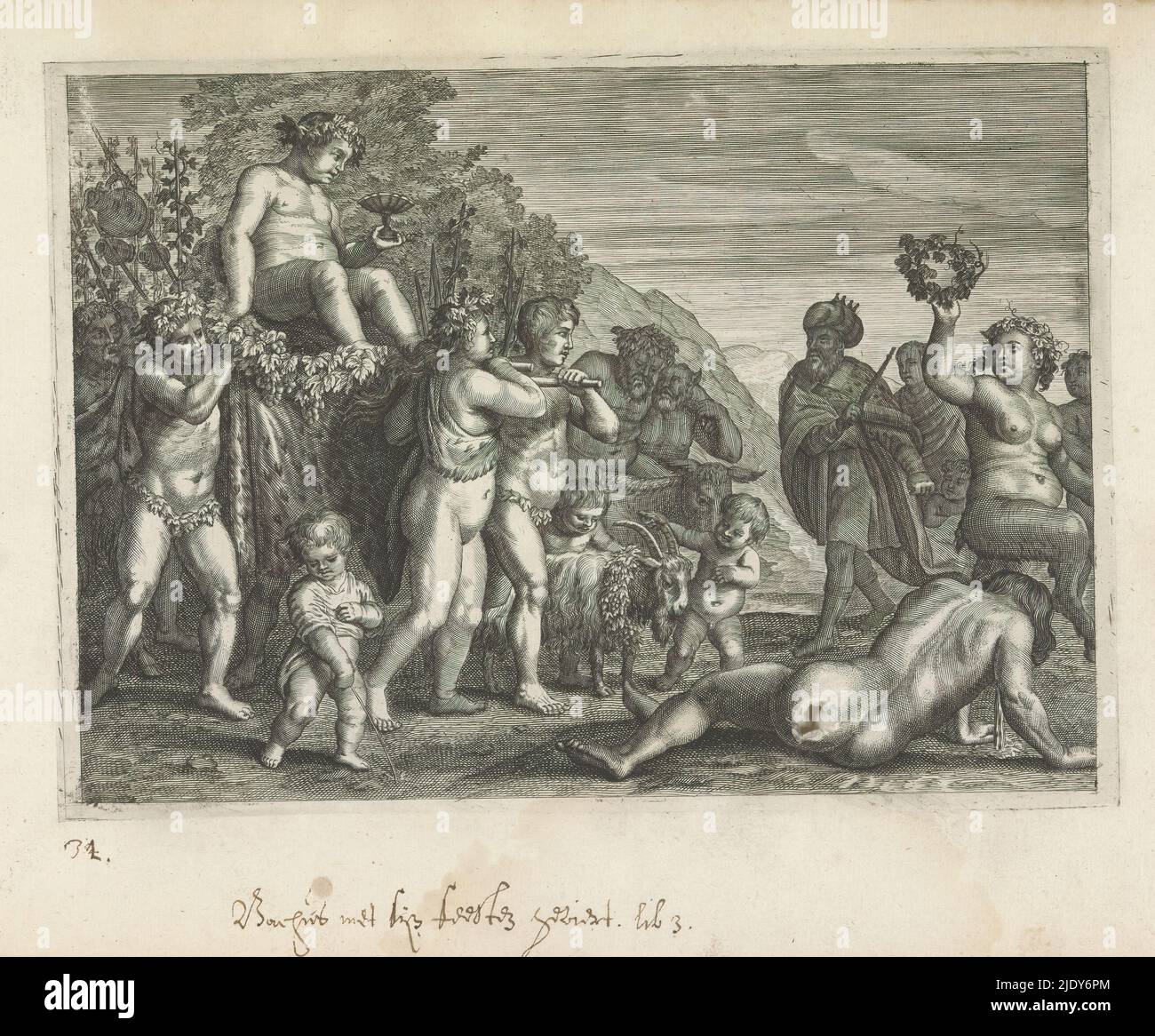 Triumphprozession von Bacchus, Metamorphosen von Ovid (Serientitel), Bacchus wird von seinen Anhängern getragen. Im Hintergrund wird der betrunkene Silenus auf seinem Esel von einem Satyr unterstützt. Vor Maenad und Putti. Eine Figur erbricht., Druckerei: Crispijn van de Passe (II), (Werkstatt von), Verlag: Crispijn van de Passe (II), (zugeschrieben), c. 1636 - 1670, Papier, Gravur, Höhe 160 mm × Breite 224 mm Stockfoto