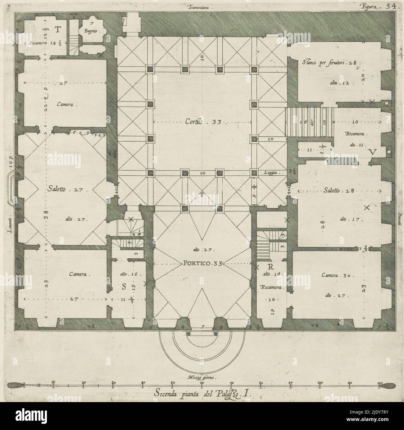 Plan des ersten Stockwerks des Palazzo Rostan Raggio in Genua, Seconda pianta del Palazzo. I (Titel auf Objekt), dieser Druck ist Teil eines Albums., Druckerei: Nicolaes Ryckmans, Verlag: Peter Paul Rubens, Spaanse kroon, Antwerpen, 1622, Papier, Gravur, Höhe 251 mm × Breite 251 mm, Höhe 583 mm × Breite 435 mm Stockfoto