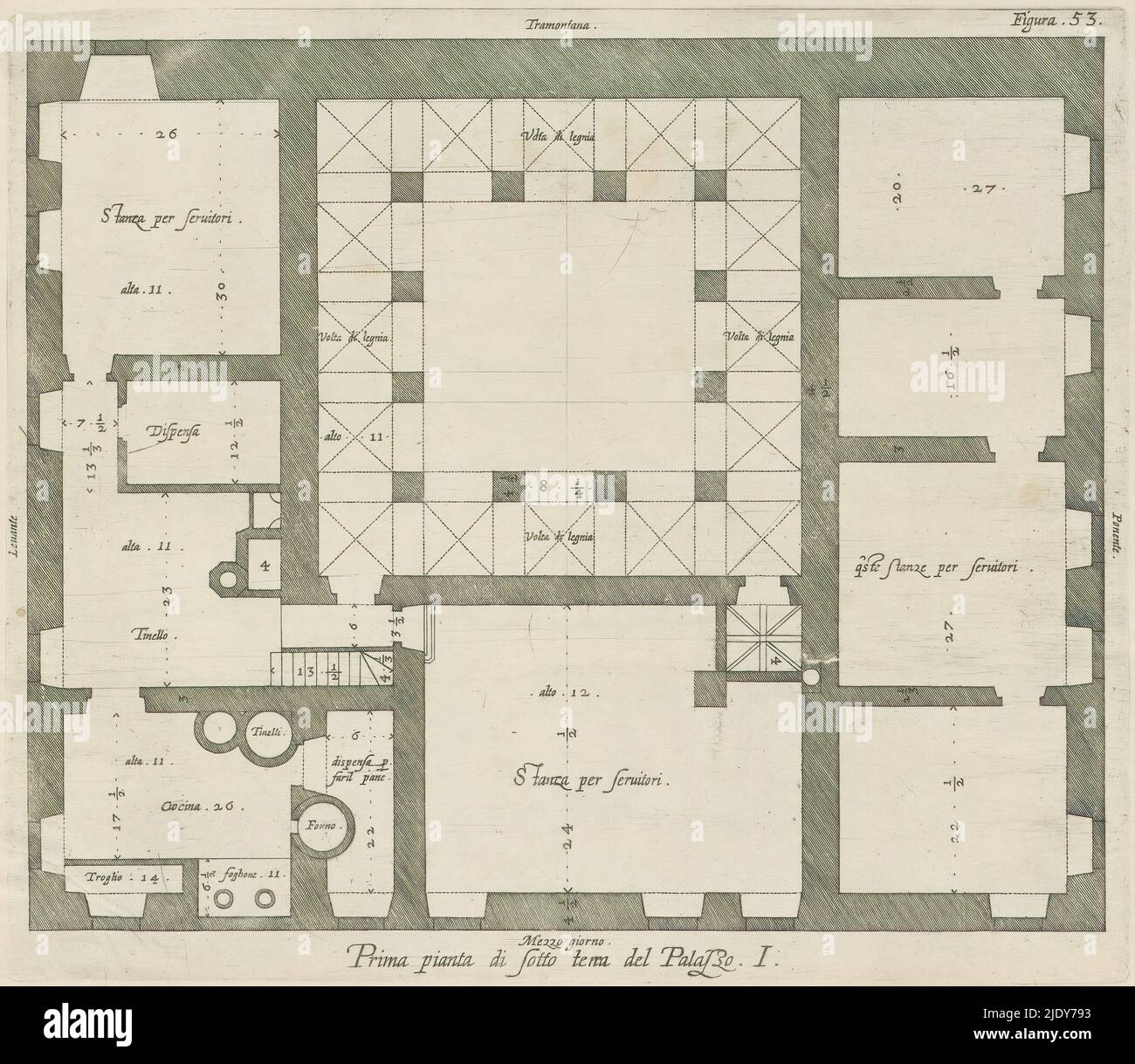 Plan des Untergeschosses des Palazzo Rostan Raggio, Prima pianta di sotto Terra del Palazzo. I (Titel auf Objekt), dieser Druck ist Teil eines Albums., Druckerei: Nicolaes Ryckmans, Verlag: Peter Paul Rubens, Spaanse kroon, Antwerpen, 1622, Papier, Gravur, Höhe 216 mm × Breite 250 mm, Höhe 583 mm × Breite 435 mm Stockfoto