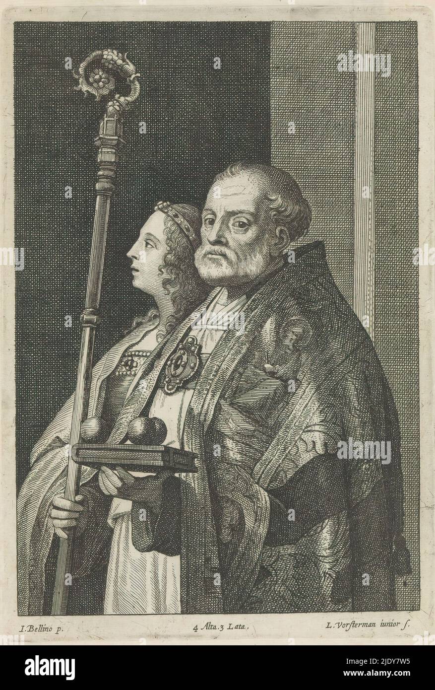 Der heilige Nikolaus von Myra und eine weibliche heilige trägt den heiligen Nikolaus in einer Bischofsrobe. In seinen Händen ein Bischofsstab und ein Buch mit drei goldenen Kugeln. Neben ihm eine weibliche heilige, möglicherweise Anastasia von Sirmium. Dieser Druck ist Teil eines Albums., Druckerei: Lucas Vorsterman (II), (erwähnt auf Objekt), nach Malerei von: David Teniers (II), nach Malerei von: Antonello da Messina, Druckerei: Antwerpen, nach Malerei von: Südniederland, nach Malerei von: Messina, nach Malerei von: Venedig, Verlag: Brüssel, 1660, Papier, Radierung, Höhe 226 mm × Breite 154 mm Stockfoto