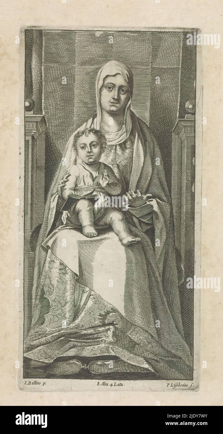 Sitzende Maria mit Christkind (Sedes sapientiae), Maria sitzt auf einem Thron. Auf dem Knie des Christkindes ist ein offenes Buch. Christus macht die Segensgeste. Dieser Druck ist Teil eines Albums., Druckerei: Peter van Liesebetten, (erwähnt auf Objekt), nach Malerei von: Antonello da Messina, nach Malerei von: Giovanni Bellini, (abgelehnte Zuordnung), Druckerei: Antwerpen, nach Malerei von: Messina, nach Malerei von: Venedig, Verlag: Brüssel, 1660, Papier, Radierung, Gravur, Höhe 228 mm × Breite 115 mm Stockfoto