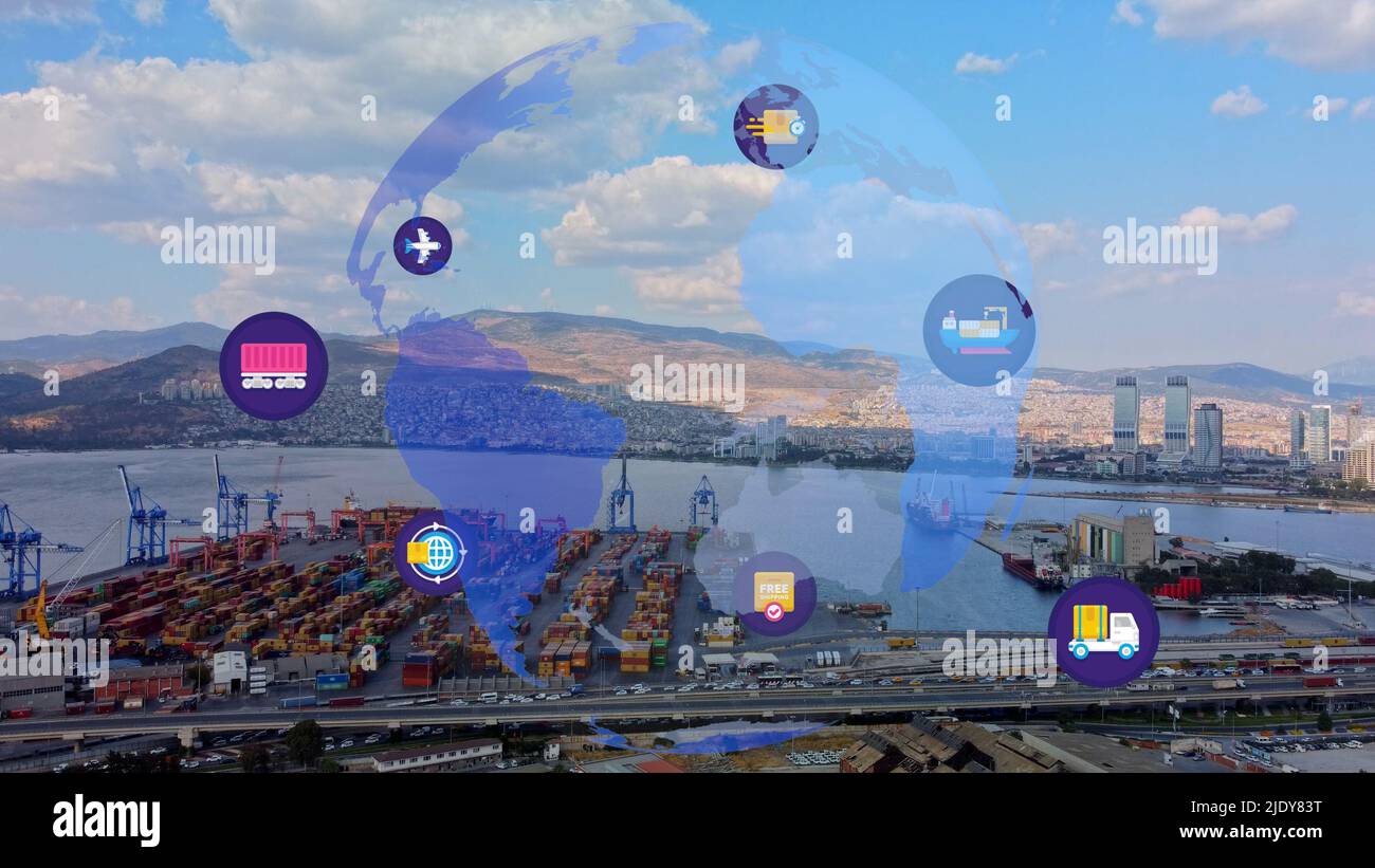 Logistikgeschäft oder Transportkonzept Luftaufnahme über Import-Exporthafen mit vielen Stapeln von Frachtcontainerreihen Stockfoto