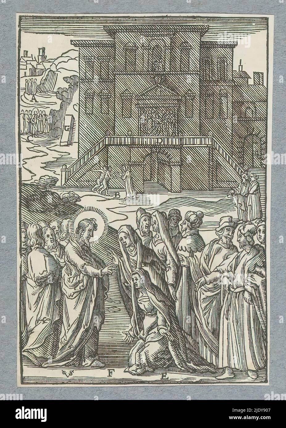 Ankunft Christi in Bethanien knien Martha und Maria, die Schwestern des