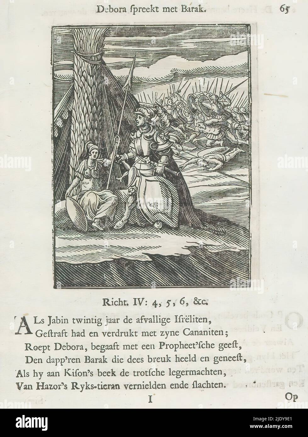 Deborah und Barak, Deborah spricht mit Barak (Titel auf Objekt), die Prophetin Deborah, eine der Israeliten, sitzt unter einer Palme und fordert Barak auf, seine Armee zum Tabor zu bringen, um Jabins Armeekommandanten Sisera zu besiegen. Im Hintergrund rechts die Schlacht zwischen den Armeen von Barak und Sisera. Über der Szene ein Titel. Unten sind sechs Verse und ein Hinweis auf Richter 4: 4-6. Der Druck ist Teil eines Albums., Druckerei: Christoffel van Sichem (II), (erwähnt auf Objekt), Druckerei: Christoffel van Sichem (III), (erwähnt auf Objekt), Verlag: Jan Klooster, Amsterdam, 1645 - 1646 und Stockfoto