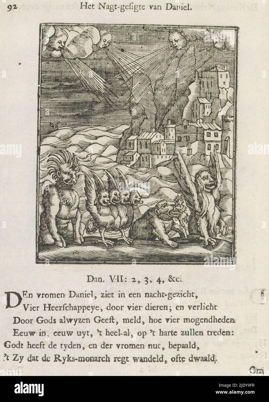 Vision von Daniel von den vier Tieren, der Nag-gesige von Daniel (Titel auf Objekt), Daniels Vision von vier Tieren. Das erste Tier sieht aus wie ein Löwe mit Adlerflügeln, das zweite wie ein Bär, das dritte wie ein Panther mit vier Köpfen und vier Vogelflügeln auf dem Rücken, und das vierte hat große eiserne Zähne und zehn Hörner. Über der Darstellung einen Titel. Darunter sechs Verse und ein Hinweis auf Daniel 7: 2-4. Der Druck ist Teil eines Albums., Druckerei: Christoffel van Sichem (II), (erwähnt auf Objekt), Druckerei: Christoffel van Sichem (III), (erwähnt auf Objekt), nach Druck von: Veit Rudolf Speckl Stockfoto