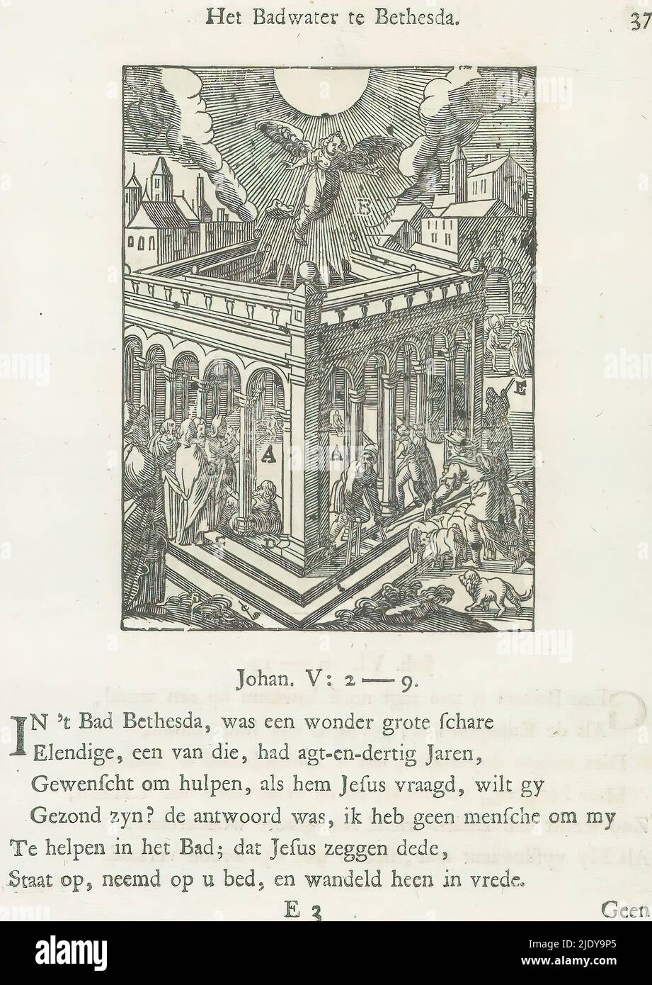 Christus heilt den Kranken von Betzata (Bethesda), das Badewasser in Bethesda (Titel auf Objekt), Christus heilt einen Mann, der 38 Jahre lang krank war, am Bad von Betzata. Die Kranken, Blinden, Lahmen und Deformierten gehen um das Wasser. Am Himmel fliegt ein Engel. Es gibt Buchstaben in der Nähe verschiedener Elemente der Szene. Über dem Bild befindet sich ein Titel. Unten sind sechs Verse und ein Hinweis auf Johannes 5: 2-9. Der Druck ist Teil eines Albums., Druckerei: Christoffel van Sichem (II), (erwähnt auf Objekt), nach Druck von: Antonie Wierix (II), nach Malerei von: Bernardino Passeri, Druckerei: Amsterdam, afte Stockfoto