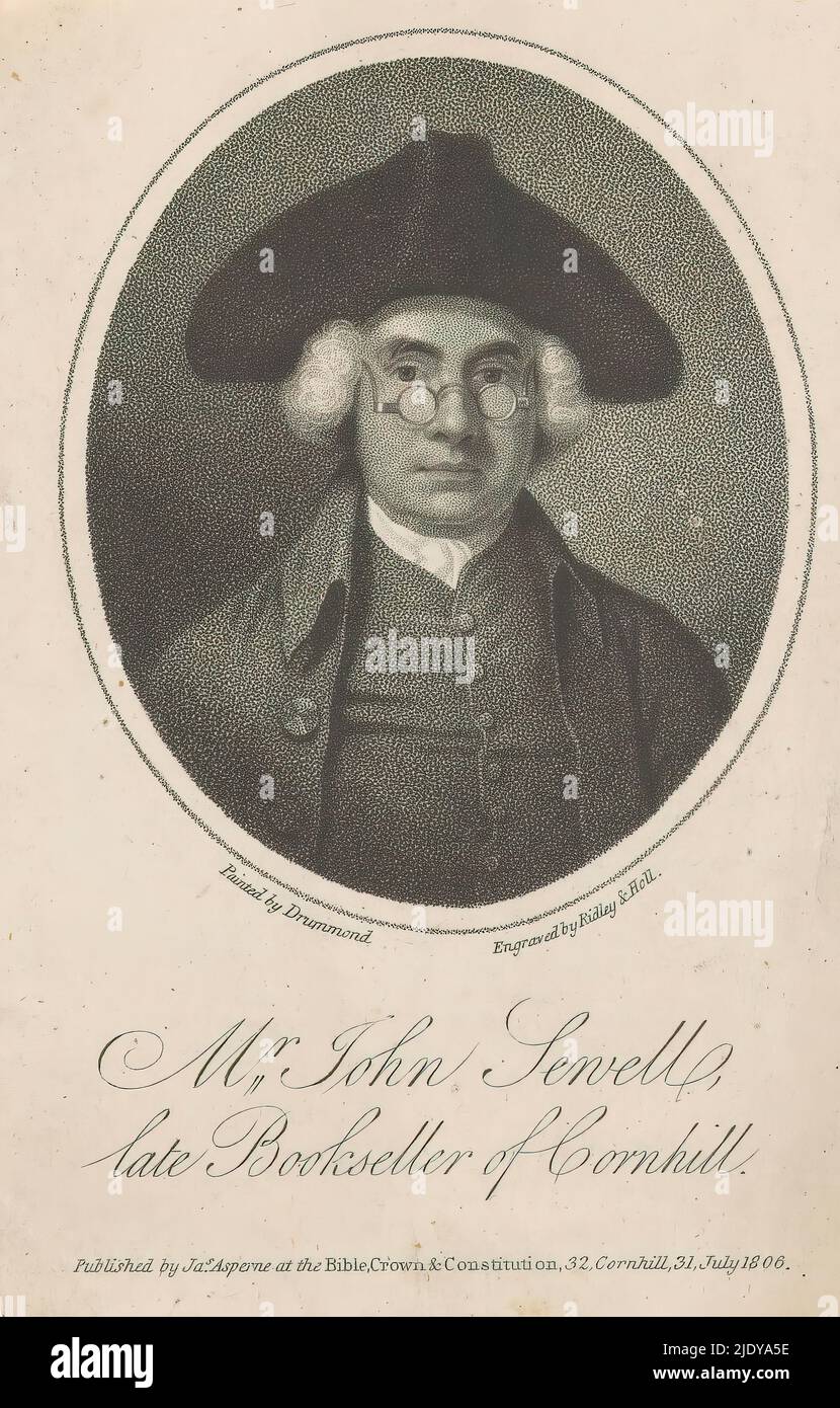 Porträt von John Sewell, Buchhändler in London, Mr John Sewell, verstorbener Buchhändler von Cornhill (Titel auf Objekt), Druckerei: William Ridley, (auf Objekt erwähnt), Druckerei: William Holl (I), (auf Objekt erwähnt), nach Malerei von: Samuel Drummond, (auf Objekt erwähnt), London, Jul-1806, Papier, Höhe 136 mm × Breite 95 mm Stockfoto