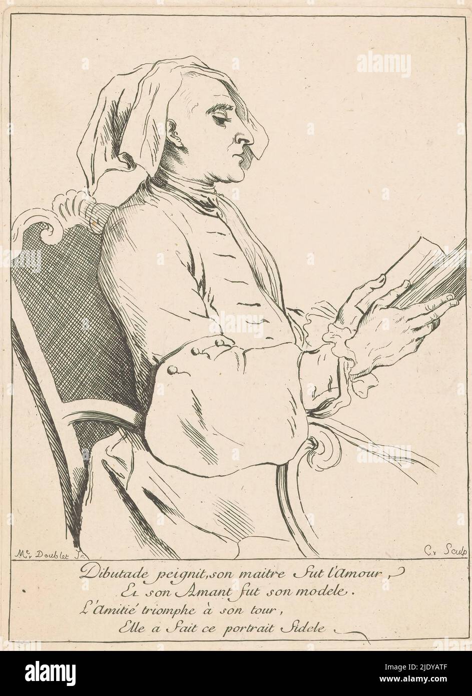 Portrait of Camille Falconet Reading, Portrait of Camille Falconet, body Physician to Louis XV of France, sitzend in a Chair. Er liest in einem Buch, das er mit beiden Händen hält. Unten ein vierzeiliger Vers in französischer Sprache., Druckerei: Anne Claude Philippe Caylus, (erwähnt auf Objekt), nach Zeichnung von: Marie-Anne Doublet, (erwähnt auf Objekt), 1702 - 1765, Papier, Radierung, Höhe 201 mm × Breite 148 mm Stockfoto