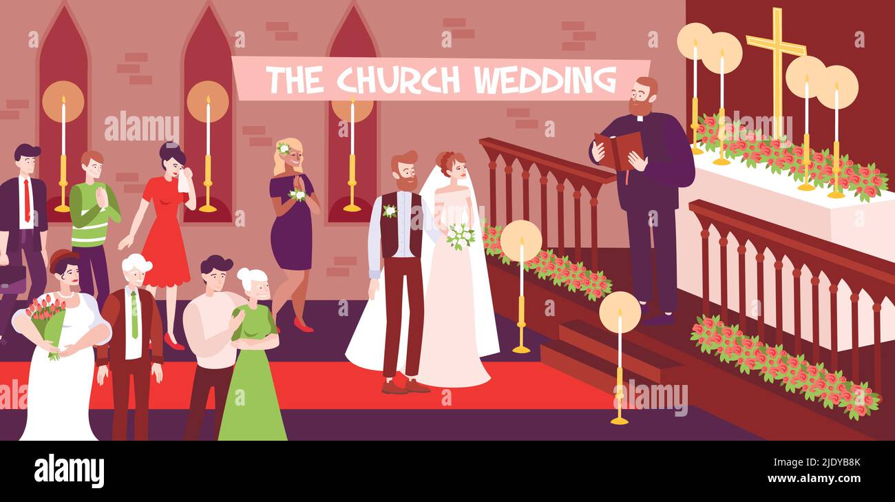 Hochzeit religiöse Zeremonie in der Kirche mit Paar heiraten und Priester am Altar Vektor-Illustration Stock Vektor
