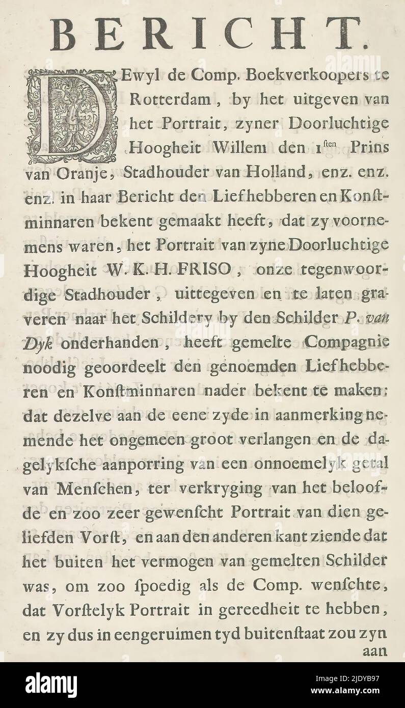 Verlegerprospekt für ein Porträt von Wilhelm IV., Prinz von Oranien-Nassau, Hersteller: Societ. Bibliopol. Rotterod., Rotterdam, c. 1750, Papier, Buchdruck, Höhe 427 mm × Breite 264 mm Stockfoto