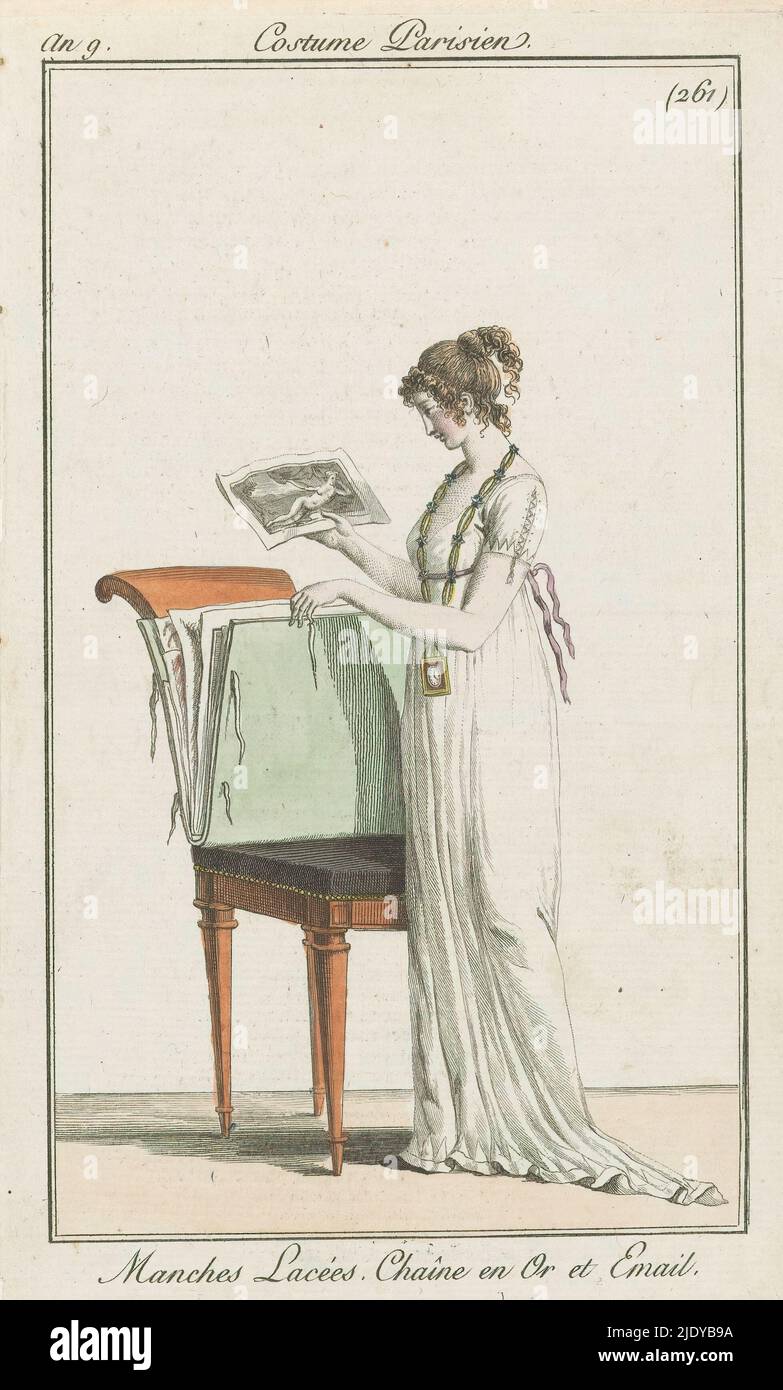 Junge Frau entfernt einen Druck oder eine Zeichnung aus einer Mappe, die auf einem Stuhl liegt, Costume Parisien (Serientitel), nummeriert oben rechts: 261., Druckerei: Anonym, Verlag: Pierre de la Mésangère, Verlag: Sellèque, Paris, 23-Sep-1800 - 22-Sep-1801, Papier, Ätzung, Höhe 183 mm × Breite 112 mm Stockfoto