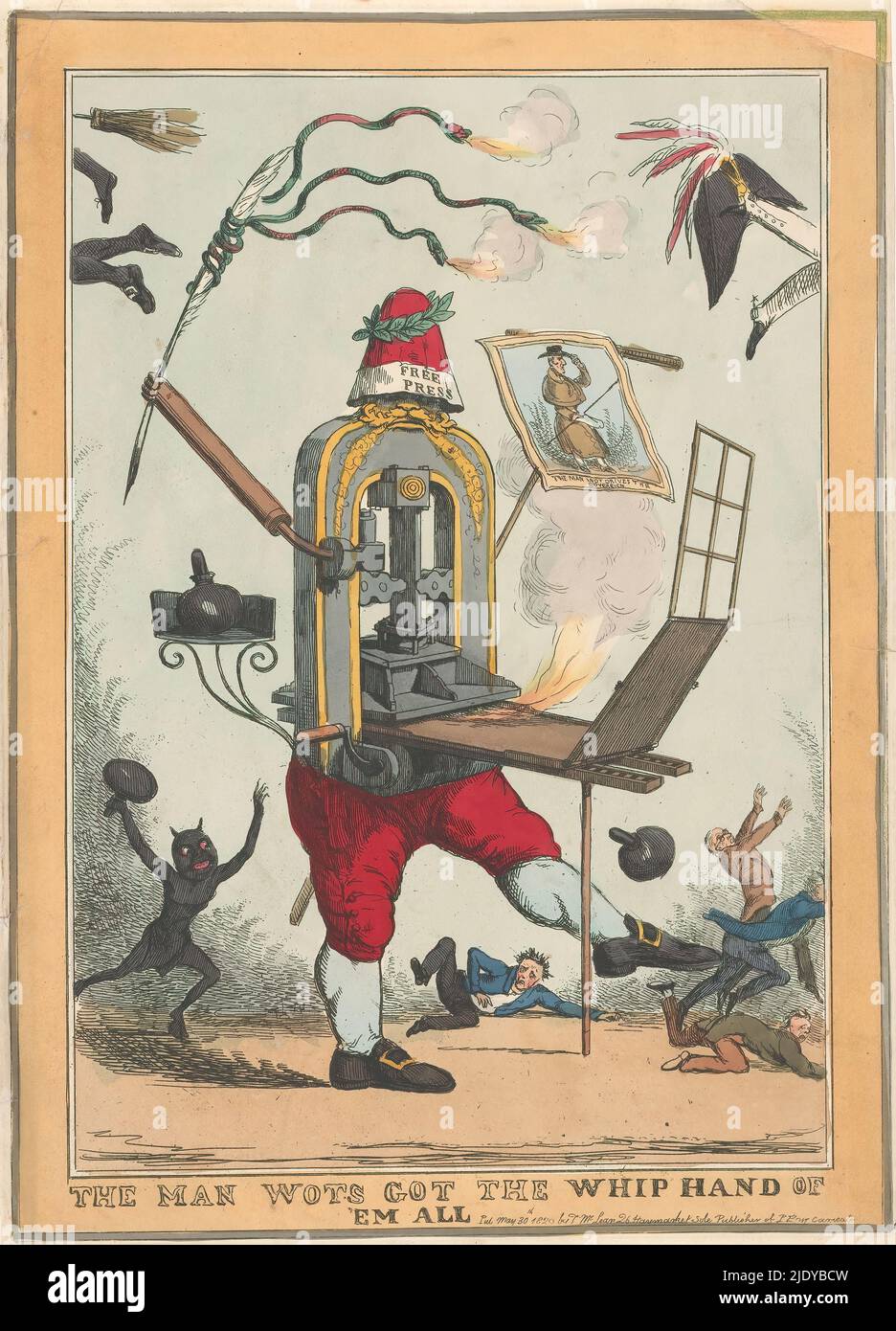 Freiheit der Druckerei, der Mann wot bekam die Peitsche Hand von 'em all (Titel auf Objekt), Ein wandelbarer Metallletterdruck mit einem Freiheitshut mit der Aufschrift 'Free Press. Feuer kommt unter der Presse. In einem Griff eine Federkiel mit drei feueratmenden Schlangen, in dem anderen Griff ein Druck mit dem Titel 'The man wot Drives the Sovereign'. Die Presse wird von hinten von einer monströsen Gestalt mit Tintenfass angegriffen und im Vordergrund flüchten Menschen., Druckerei: William Heath, Verlag: Thomas McLean, (erwähnt auf Objekt), London, Mai-1820, Papier, Radierung, Höhe 349 mm × Breite 251 mm Stockfoto