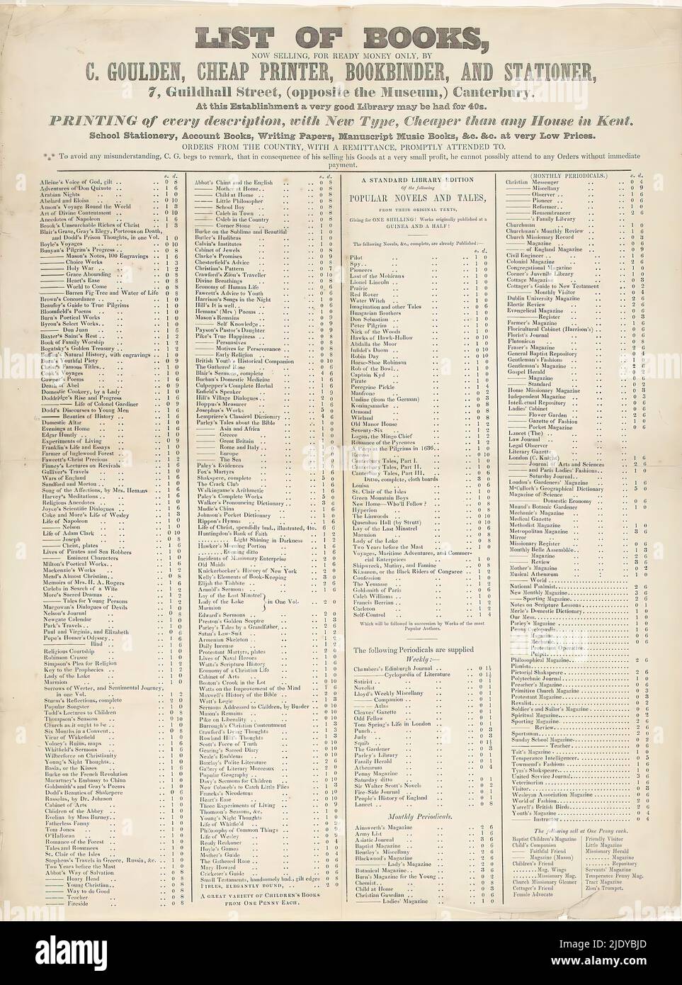 Fondliste von Charles Goulden in Canterbury, Liste der Bücher, die jetzt verkauft werden, nur für ready money, von C. Goulden (Titel auf Objekt), Hersteller: Charles Goulden, (erwähnt auf Objekt), Canterbury, 1840 - 1847, Papier, Buchdruck, Höhe 507 mm × Breite 377 mm Stockfoto