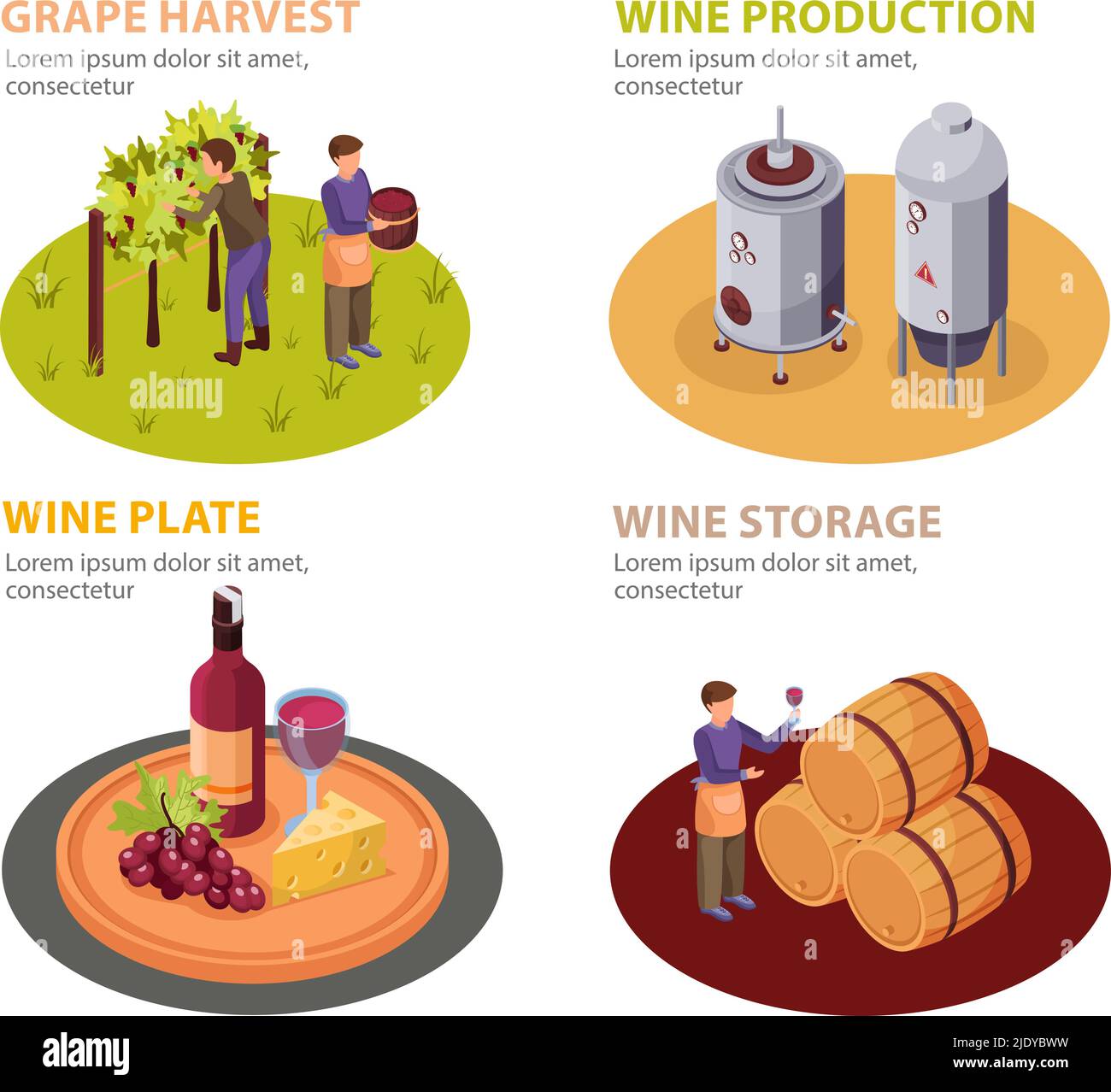 Wein Produktion Konzept Icons Set mit Weinplatte und Lagerung Symbole isometrische isolierte Vektor-Illustration Stock Vektor