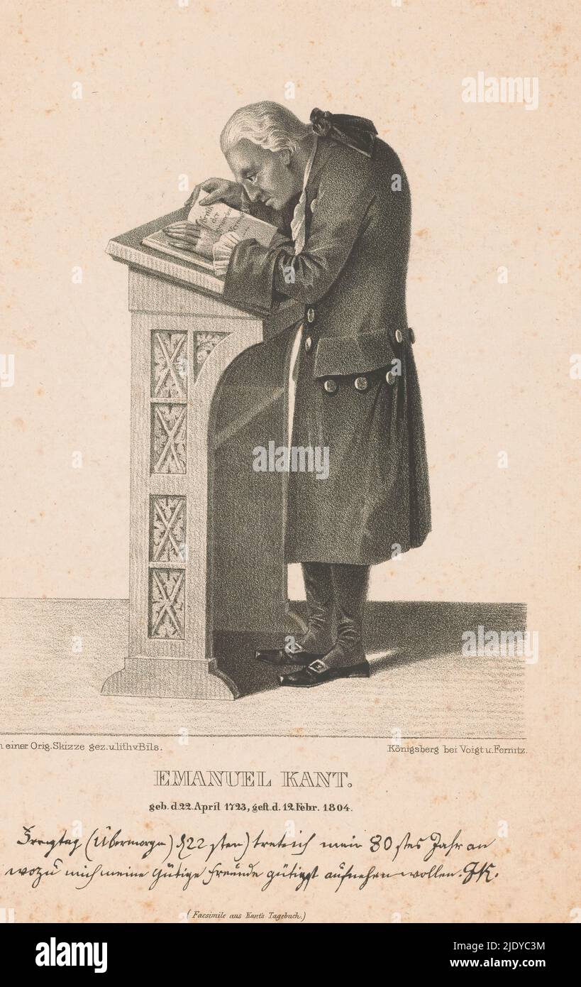 Porträt von Immanuel Kant, Emanuel Kant (Objekttitel), Porträt des deutschen Philosophen Immanuel Kant, der hinter einem Rednerpult steht und in einem Buch liest. Darunter ein Auszug aus seinem Tagebuch., Druckerei: Friedrich Bils, (auf Objekt erwähnt), Verlag: Voigt & Fernitz, (auf Objekt erwähnt), Königsberg, 1811 - 1853, Papier, Höhe 265 mm × Breite 172 mm Stockfoto