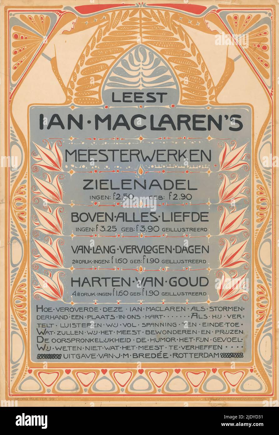 Plakat für Werke von Ian Maclaren, herausgegeben von J.M. Bredée in Rotterdam, Zierrahmen mit zwei stilisierten Frauen oben., Druckerei: Georg Rueter, (auf Objekt erwähnt), Drucker: Gebroeders Braakensiek, (auf Objekt erwähnt), Amsterdam, 1899, Papier, Höhe 630 mm × Breite 435 mm Stockfoto