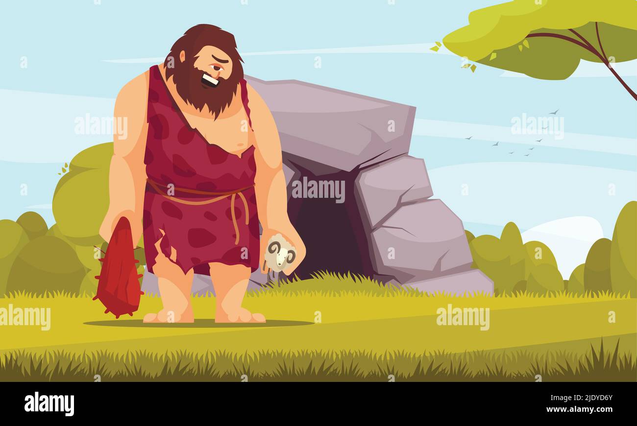 Fabelwesen flache Komposition mit riesigen ein-Augen-Zyklopen mit Knüppeln vor Höhlenvektor-Illustration Stock Vektor Fabelwesen flache Komposition mit riesigen ein-Augen-Zyklopen mit Knüppeln vor Höhlenvektor-Illustration Stock Vektor