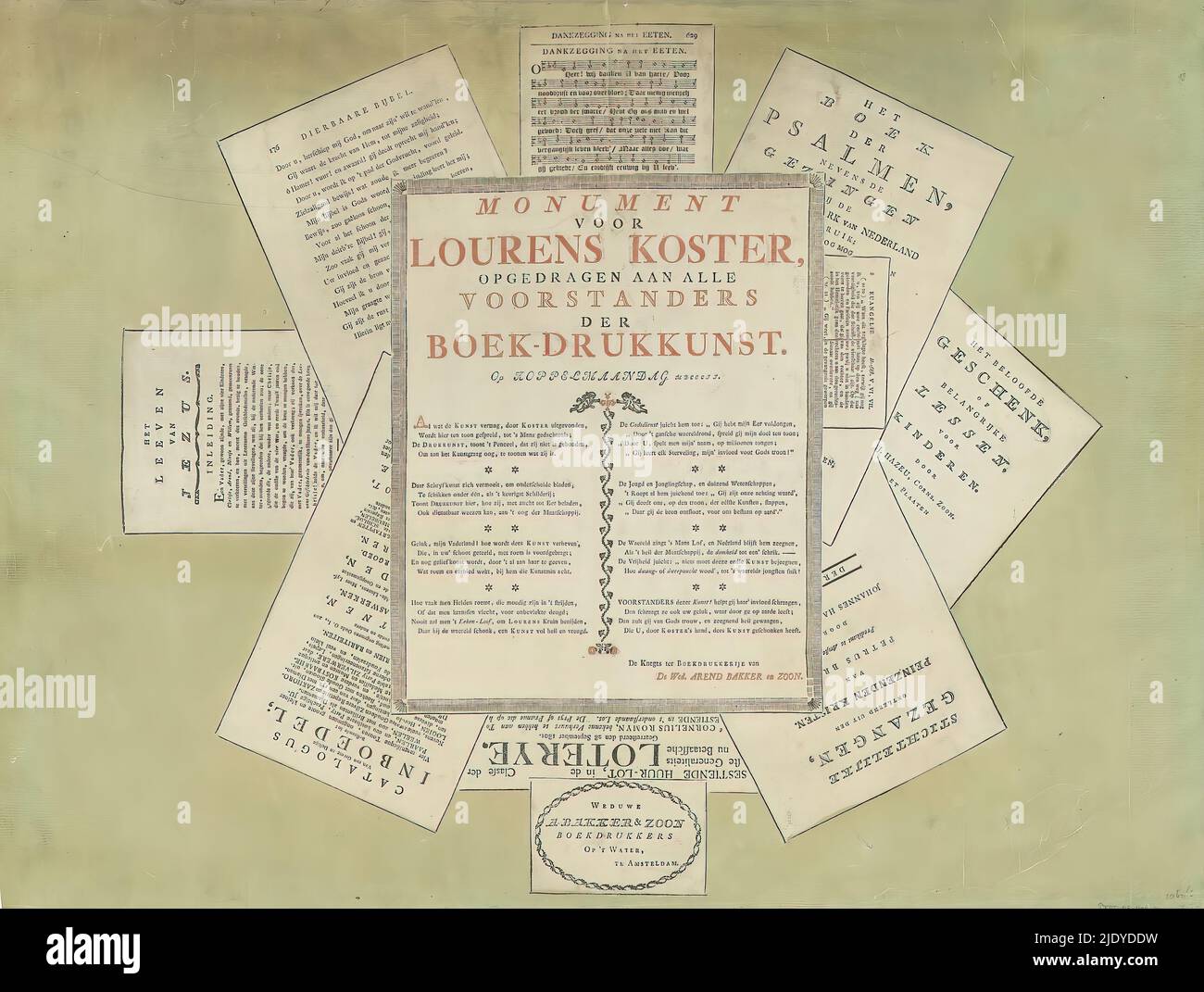 Kupfermontagsdruck mit Lobgedicht an Laurens Janszoon Coster, Denkmal an Lourens Koster (Titel auf Objekt), Kupfermontagsdruck von den Gefährten des Buchdruckhauses der Witwe Arend Bakker und Sohn, zu Ehren des Kupfermontags 1802., Drucker: Weduwe en zoon Arend Bakker, (erwähnt auf Objekt), weduwe en zoon Arend Bakker, (erwähnt auf Objekt), unbekannt, (erwähnt auf Objekt), Amsterdam, 1803, Papier, Buchdruck, Höhe 468 mm × Breite 620 mm Stockfoto