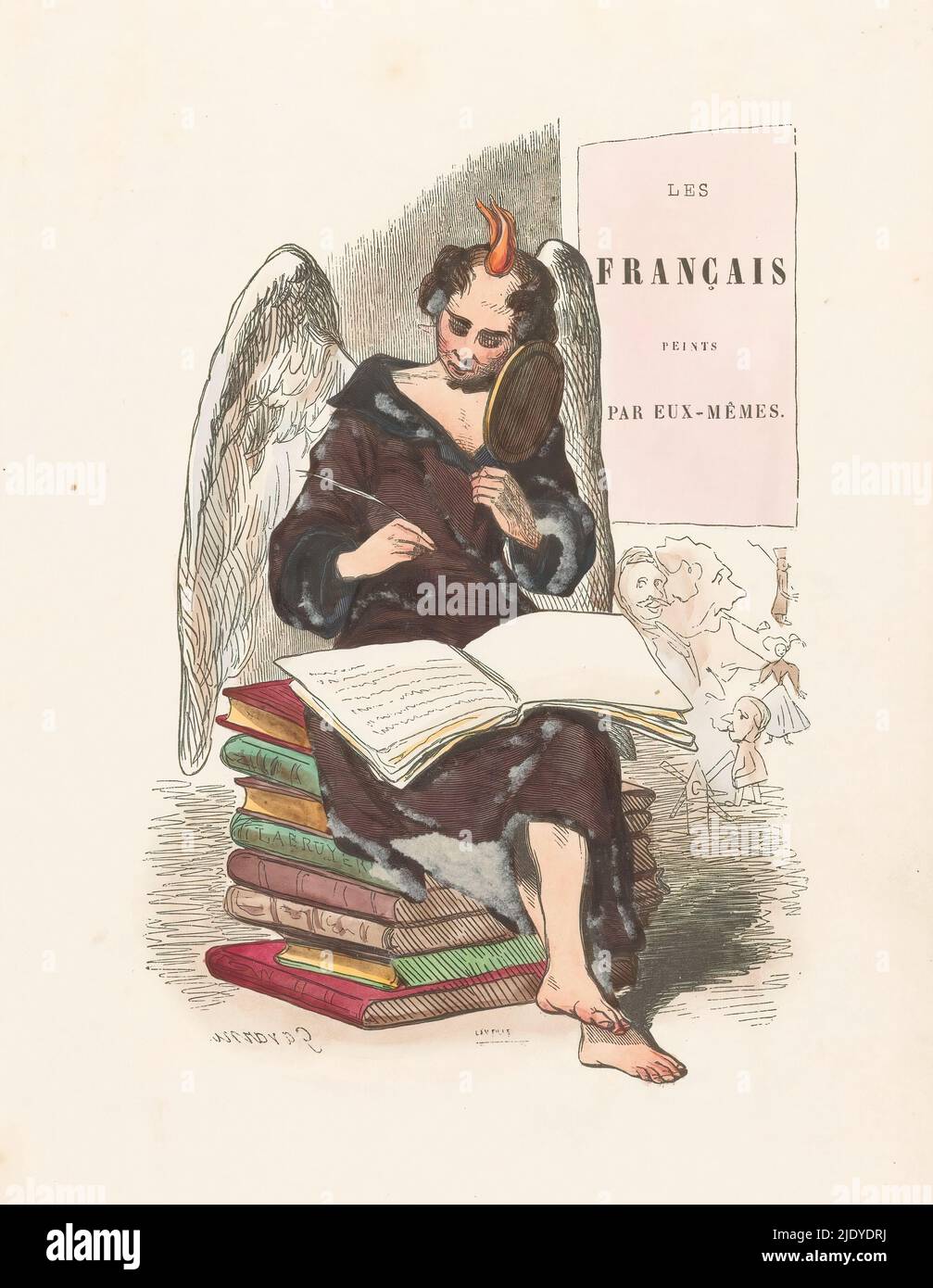 Inspiration, Titelseite zu: Les Français peints par eux-mêmes, 1841, eine allegorische Figur, mit einer Flamme auf dem Kopf als Zeichen der Inspiration und Flügeln auf dem Rücken, sitzend auf einem Bücherstapel. Mit der rechten Hand schreibt er in einem offenen Buch auf dem Schoß, mit der linken Hand hält er einen Spiegel., Druckerei: Unbekannt, (auf Objekt erwähnt), nach Entwurf von: Paul Gavarni, (auf Objekt erwähnt), Verleger: Léon Curmer, Paris, 1841, Papier, Höhe 241 mm × Breite 163 mm Stockfoto