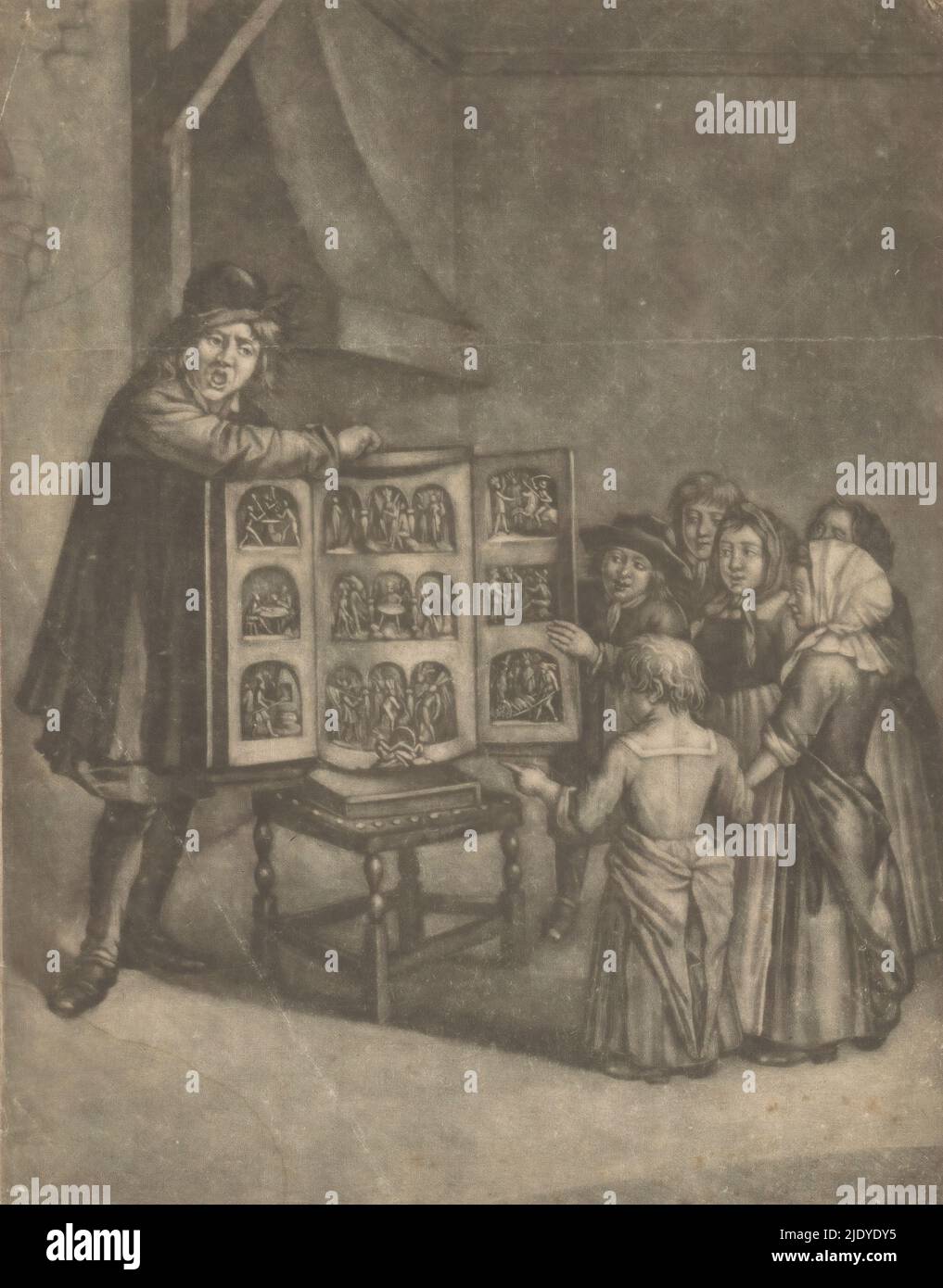 Sechs Kinder um eine Sichtbox, Druckerei: Anonym, nach Entwurf von: Egbert van Heemskerck (I), Verlag: John Smith (prentmaker/ uitgever), (möglicherweise), London, c.. 1662 - c. 1743, Papier, Höhe 293 mm × Breite 231 mm Stockfoto