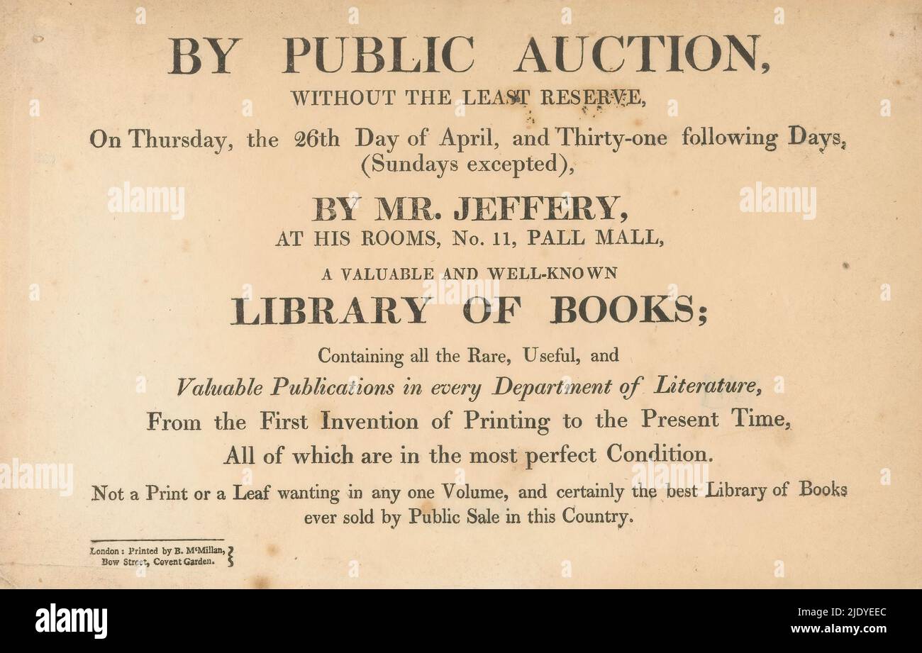 Ankündigung einer Buchauktion, gehalten von Edward Jeffrey in London, Drucker: Buchanan MacMillan, (erwähnt auf Objekt), Herausgeber: Edward Jeffery, (erwähnt auf Objekt), London, 1810, Papier, Buchdruck, Höhe 142 mm × Breite 225 mm Stockfoto