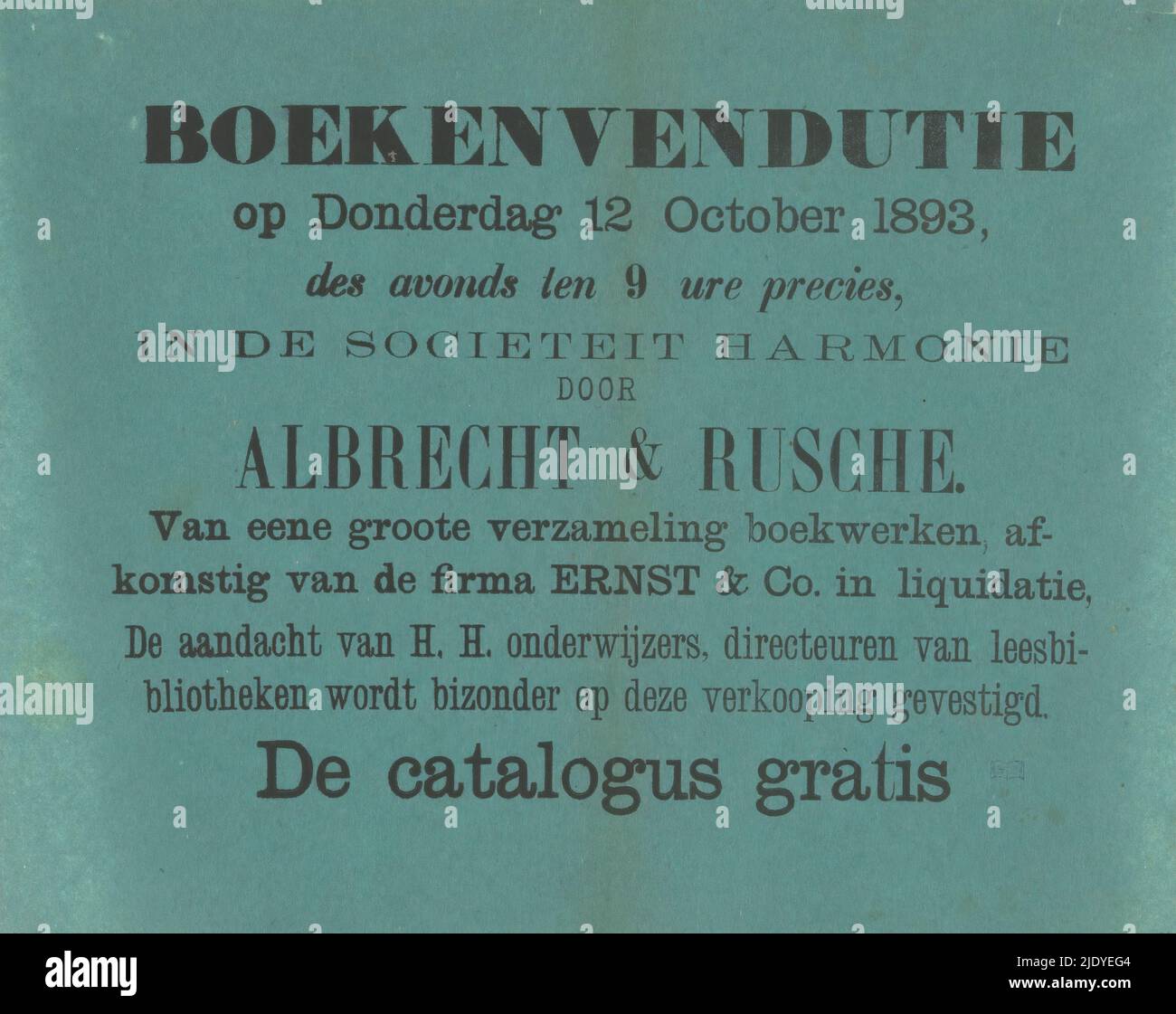 Werbung für eine Buchauktion, organisiert von Albrecht & Rusche, Hersteller: Anonymous, Okt-1893, Papier, Buchdruck, Höhe 204 mm × Breite 256 mm Stockfoto