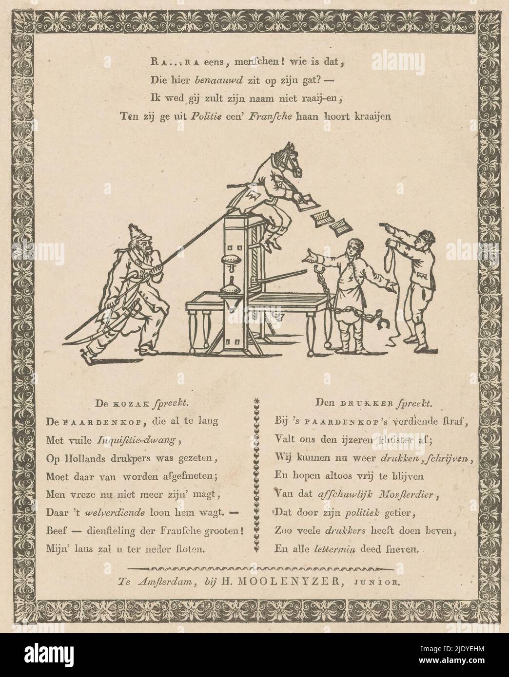 Karikatur zu Van Ray, Inspektor des Buchhandels, während der französischen Regierung, 1813., Karikatur zu C.A. van Raay, Inspektor oder Zensor des Buchhandels, während der französischen Regierung, die 1813 fiel. Ein Mann mit Pferdekopf, der auf einer Druckmaschine sitzt, wird von einem Kosaken mit seiner Lanze abgestoßen. Rechts stehen zwei Drucker, als sie das sehen, fallen die Manschetten aus ihren Händen. Über der Darstellung ein vierzeiliger Vers; unter der Darstellung ein 16-zeiliger Vers in zwei Spalten., Druckerei: Anonym, Verleger: H. Moolenijzer jr., (auf Objekt erwähnt), Druckerei: Niederlande, Verleger: Am Stockfoto