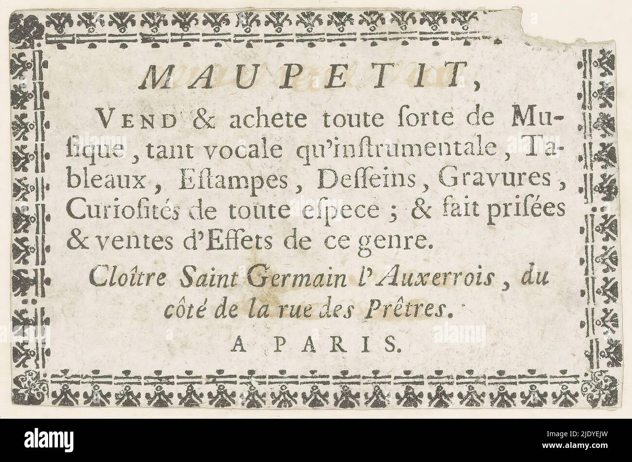 Ankündigung von Maupetit, Buch- und Druckhändler in Paris, Herausgeber: Maupetit, (möglicherweise), Paris, c. 1750 - c. 1800, Papier, Buchdruck, Höhe 53 mm × Breite 81 mm Stockfoto