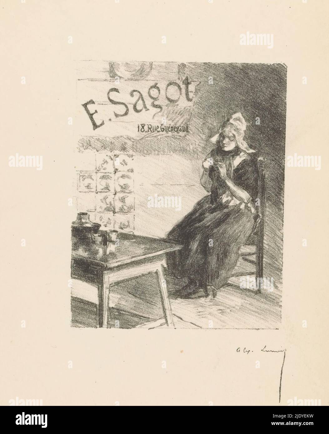 Visitenkarte des Druckhändlers Edmond Sagot in Paris, Interieur einer Küche mit einer Frau in holländischem Kostüm, die auf einem Stuhl arbeitet, ein Tisch im Vordergrund., Druckerei: Alexandre Lunois, (auf Objekt erwähnt), Drucker: Imprimerie Belfond & Cie, (auf Objekt erwähnt), Verlag: Edmond Sagot, (möglicherweise), Paris, 1881 - 1916, Papier, Höhe 293 mm × Breite 220 mm Stockfoto
