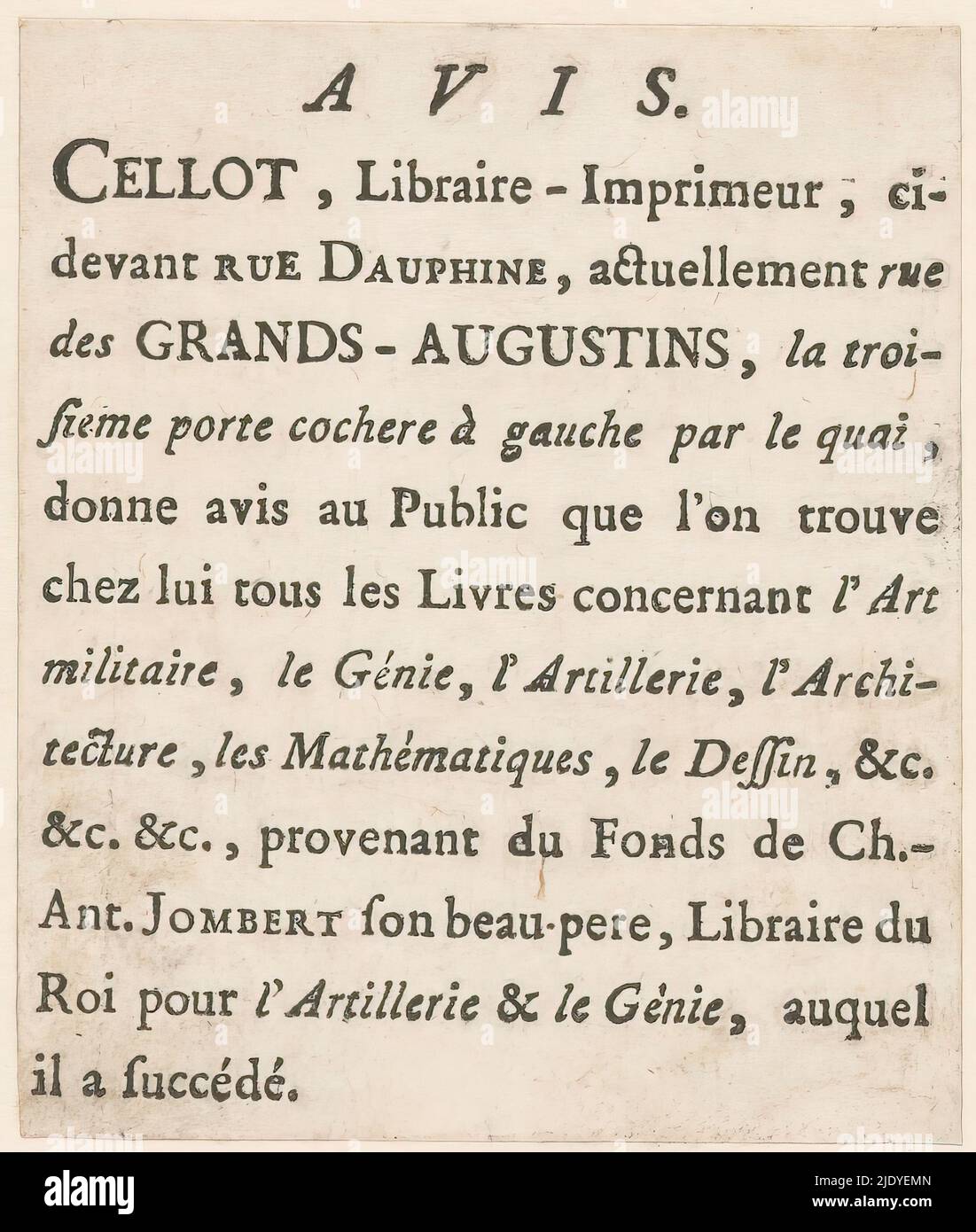 Ankündigung des Buchhändlers Louis Cellot in Paris., Verlag: Louis Cellot, (möglicherweise), Paris, 1756 - 1815, Papier, Buchdruck, Höhe 81 mm × Breite 68 mm Stockfoto